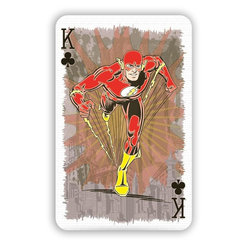 Carta da gioco: Re di fiori con Flash che corre in rosso e giallo.