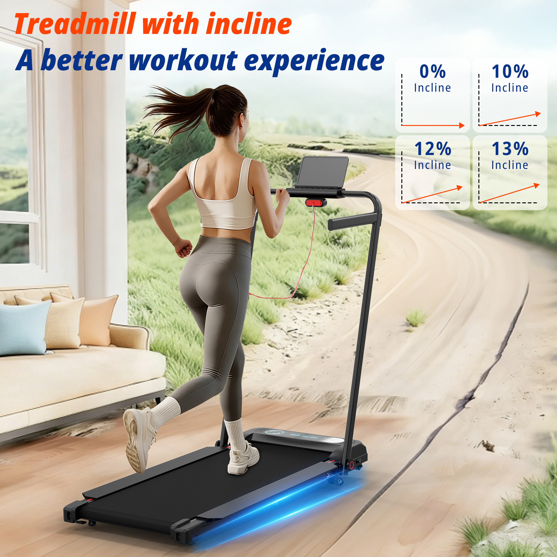 A woman runs on a treadmill with a laptop, next to graphics showing inclines.