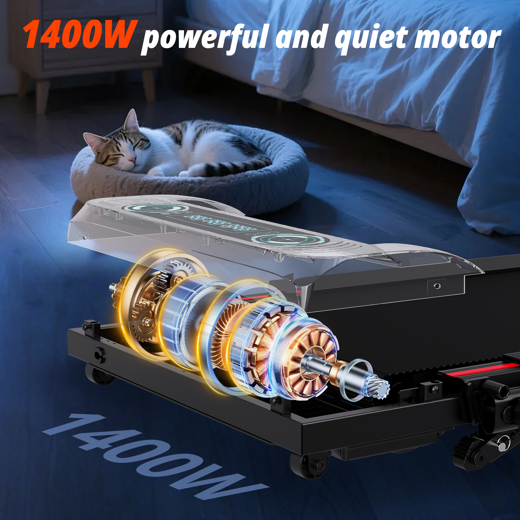 A cat sleeps in its bed next to a treadmill motor.