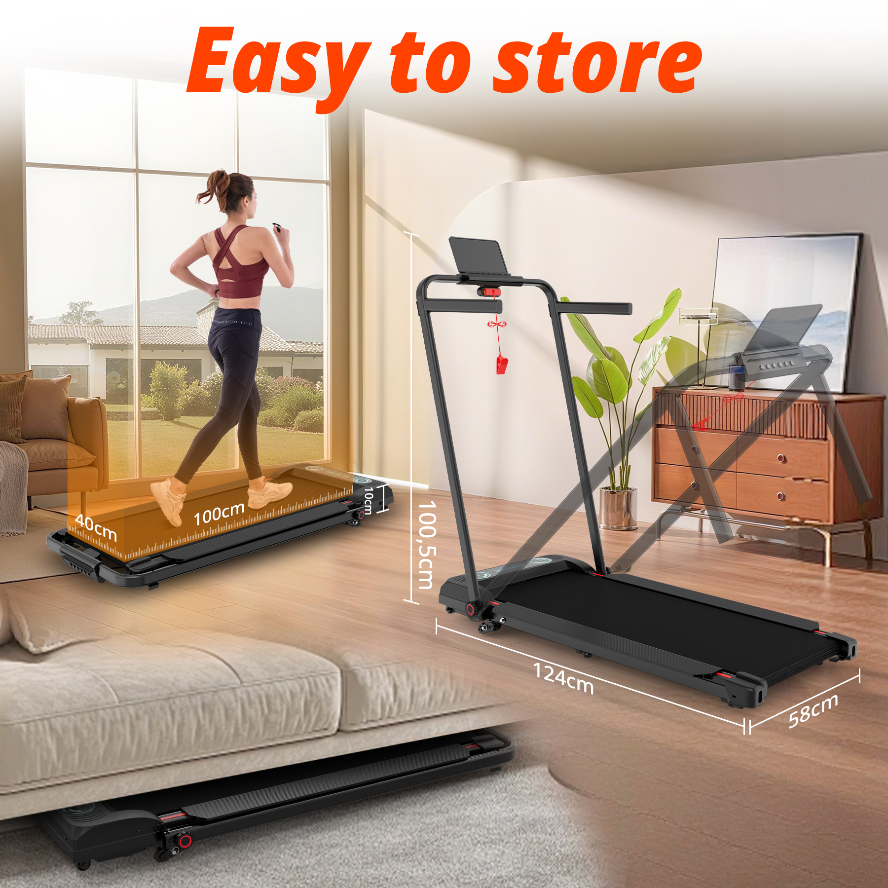 A woman runs on a treadmill, shown folded compactly under a sofa.