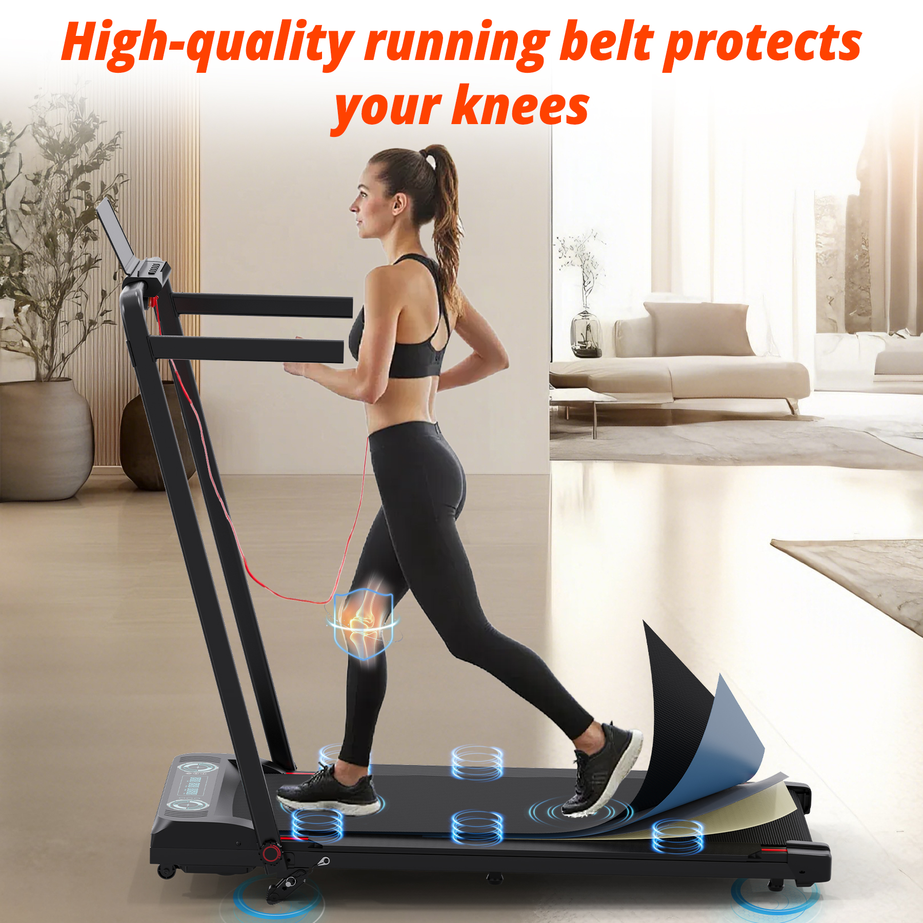 Woman on treadmill with knee protection graphic. Interior with sofa and plant.