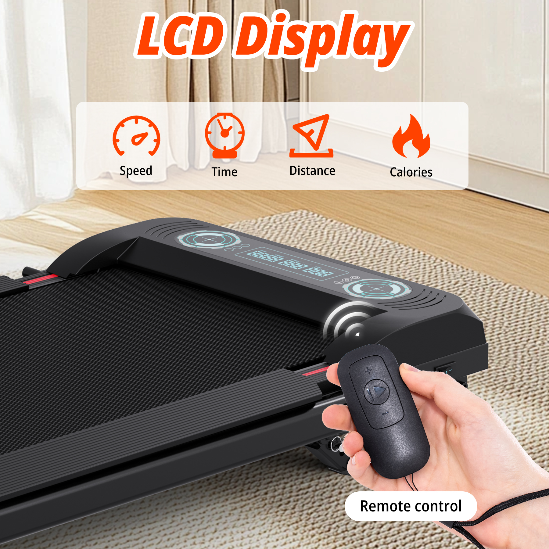 A black treadmill with a remote control. LCD display shows speed, time, distance, calories.