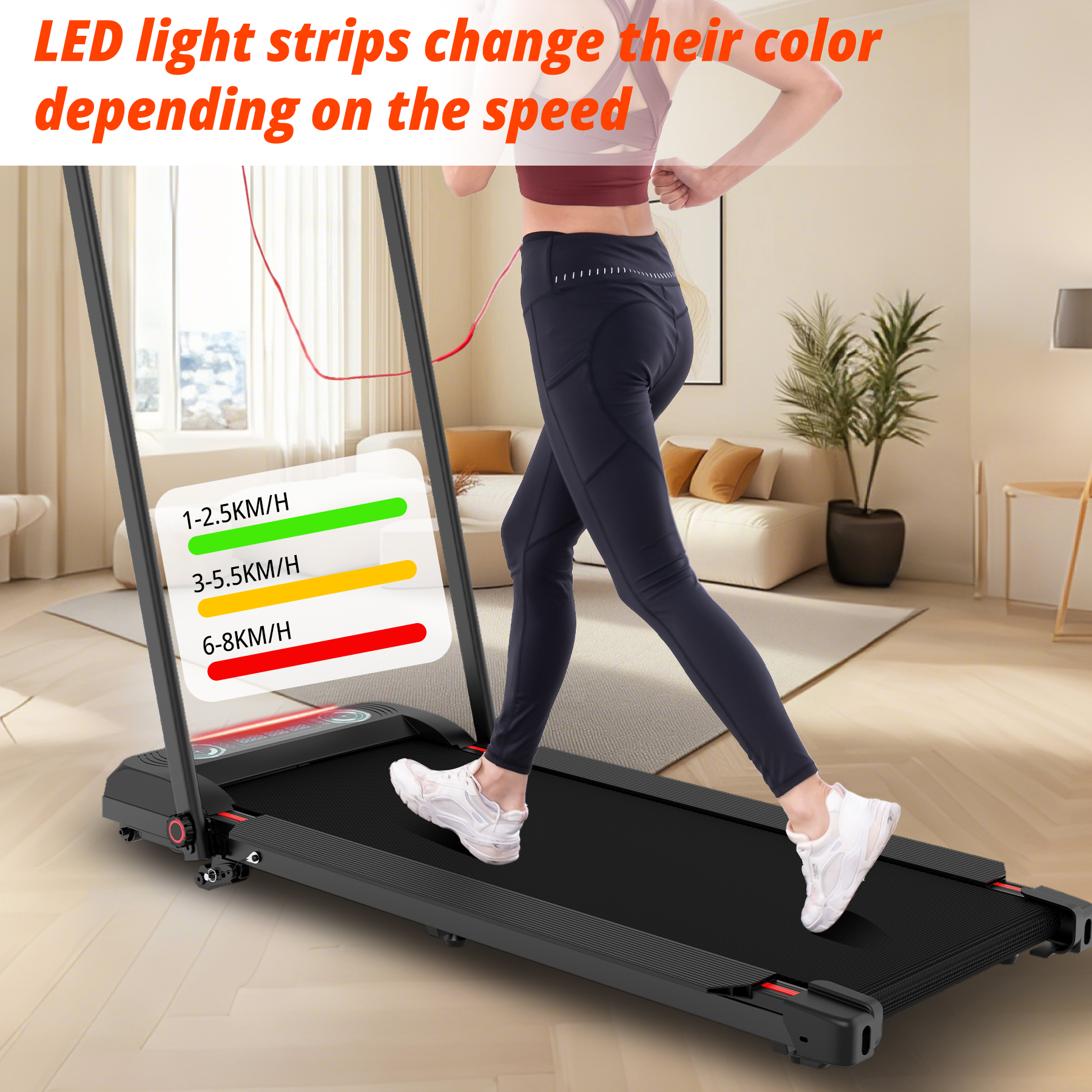 A woman runs on a treadmill with LED light strips that change color based on speed.
