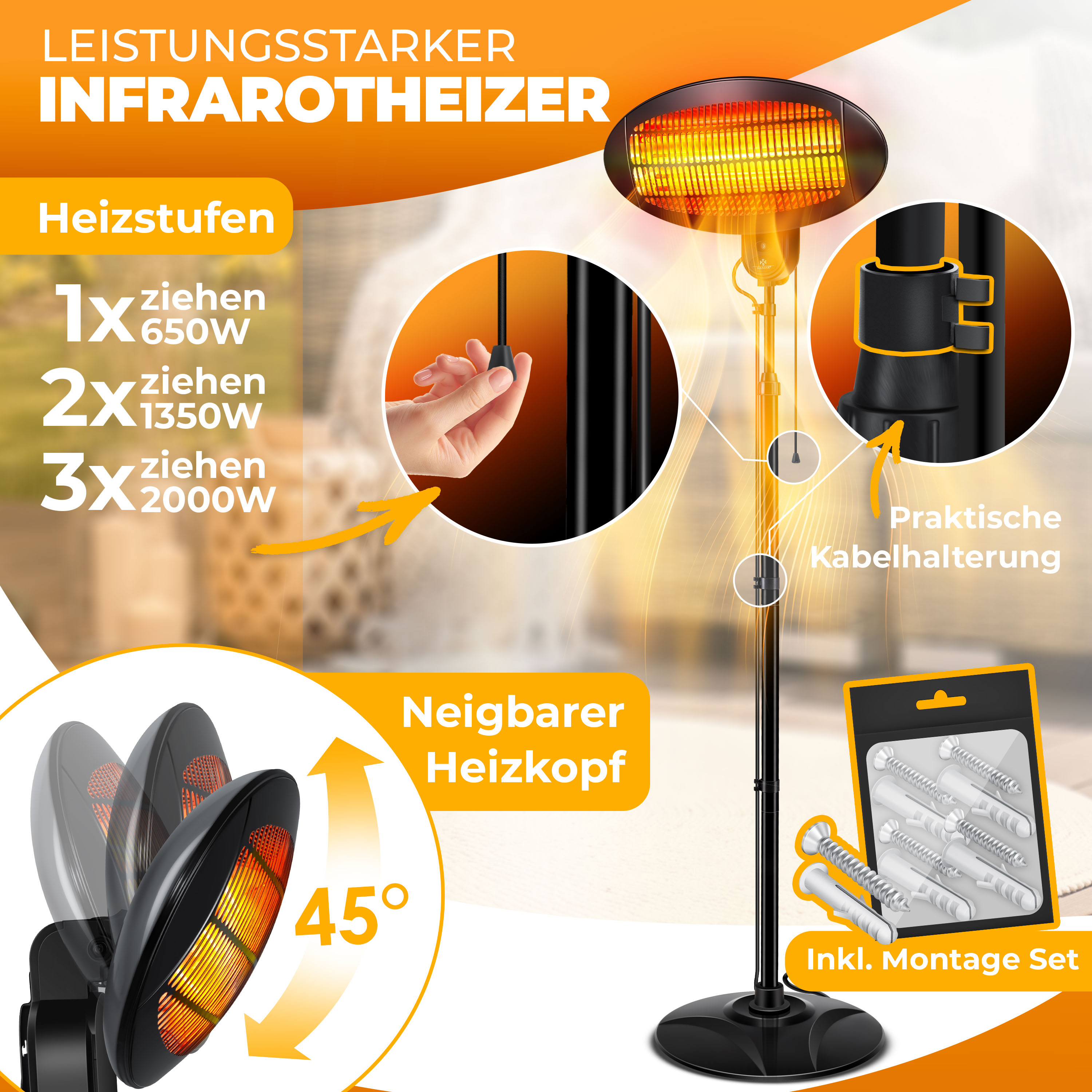 Leistungsstarker Infrarotheizer mit 3 Heizstufen und neigbarem Kopf.