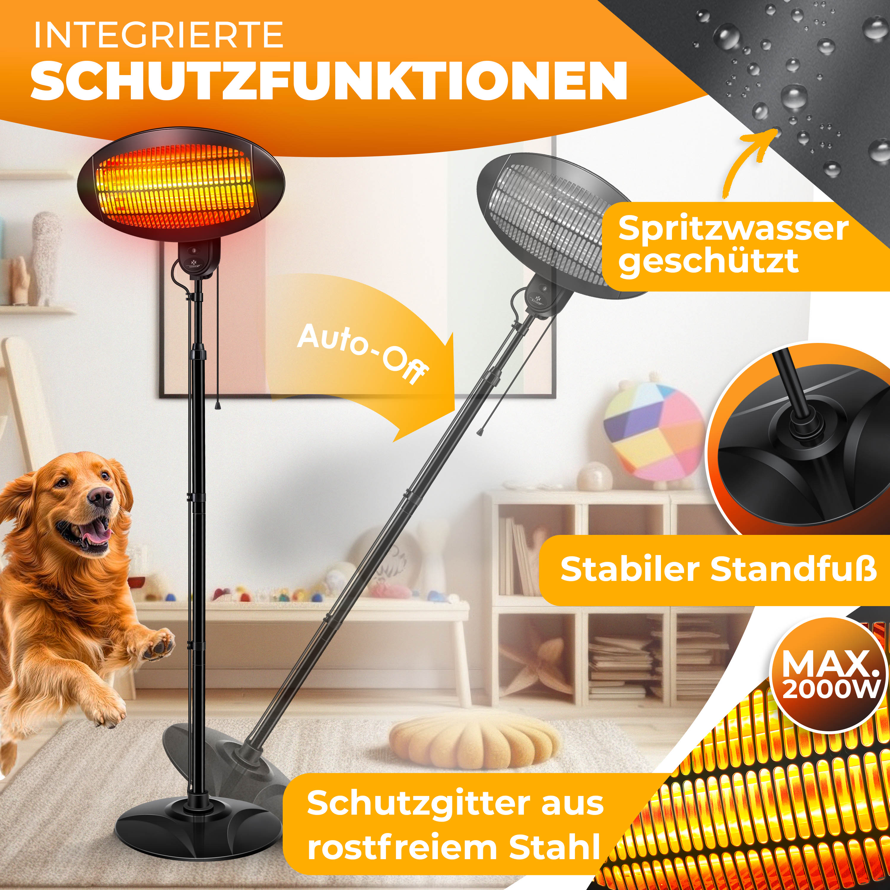 Ein Standheizstrahler mit Hund im Vordergrund, spritzwassergeschützt.
