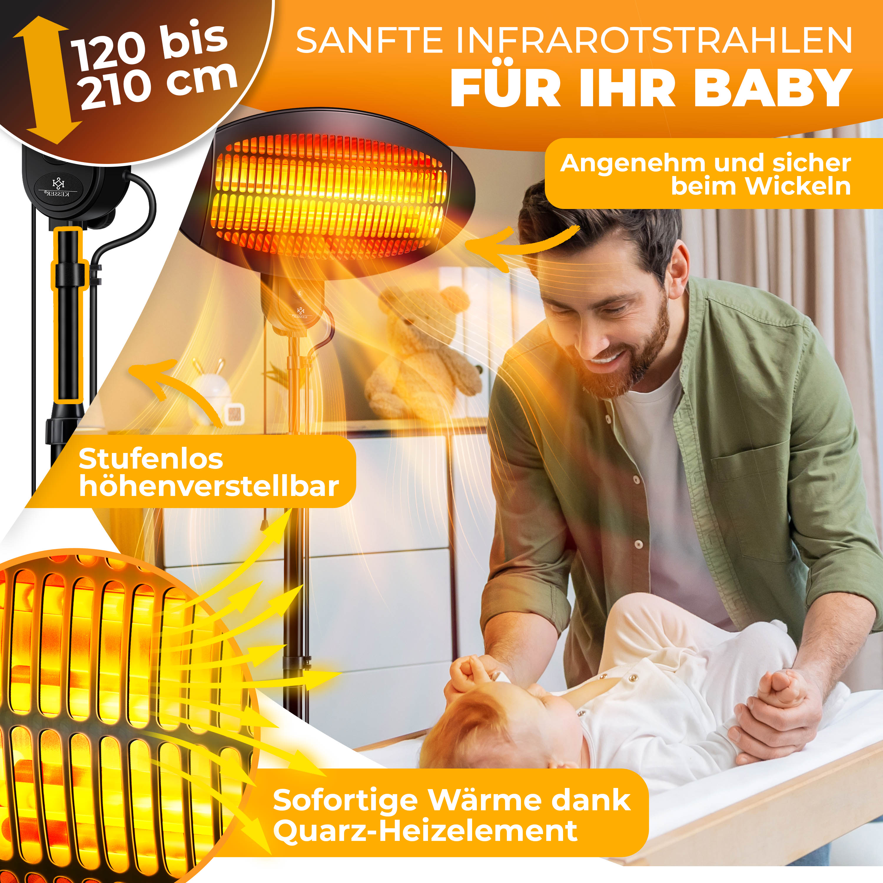 Ein Mann wickelt ein Baby neben einem Heizstrahler mit stufenloser Höhenverstellung.