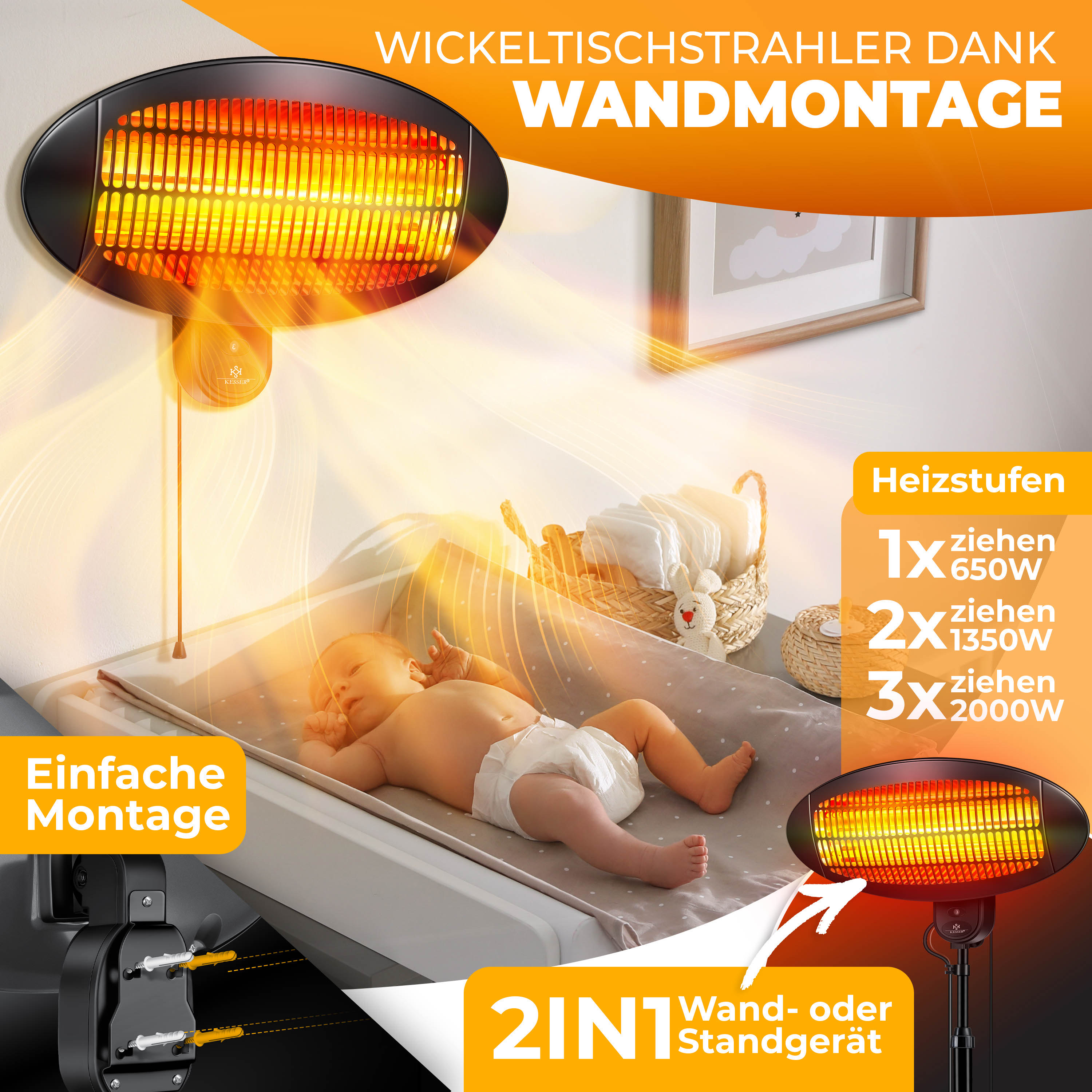 Ein Baby auf einer Wickelkommode, beheizt von einem Wandstrahler mit einstellbaren Heizstufen.
