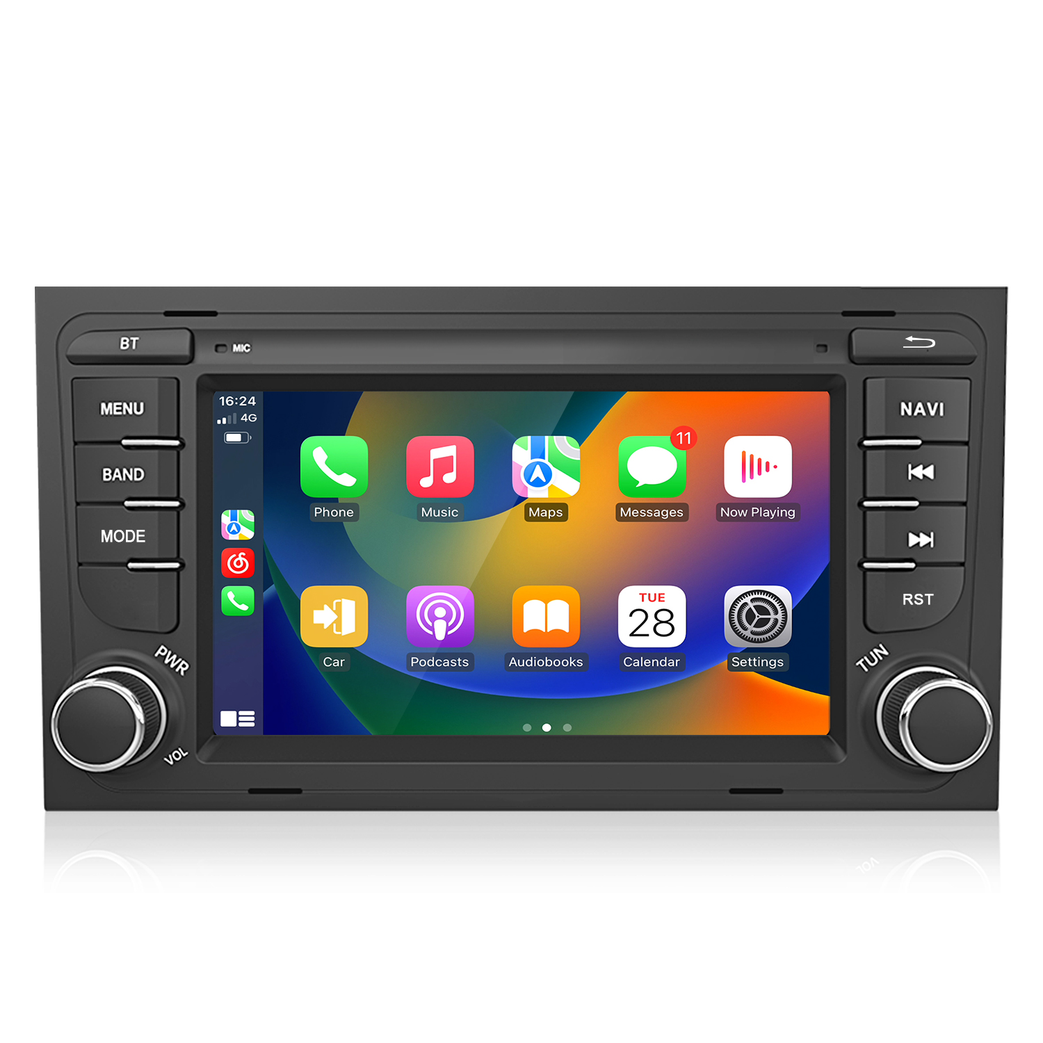 Schermo infotainment auto con icone app: Telefono, Musica, Mappe, Messaggi, In riproduzione, Auto, Podcast, Audiolibri, Calendario, Impostazioni.
