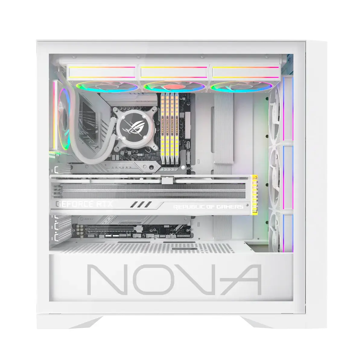 Un PC da gaming bianco con illuminazione RGB, raffreddamento a liquido e scheda ROG.