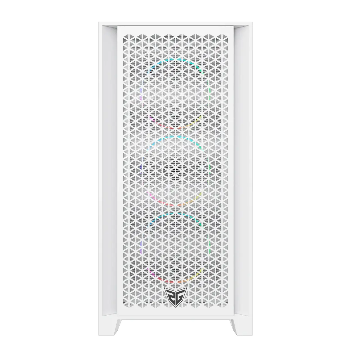 Case del computer bianco con pannello frontale perforato e luci colorate.