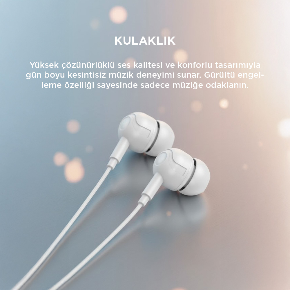 Kablolu beyaz kulak içi kulaklıklar pürüzsüz bir yüzeyde.