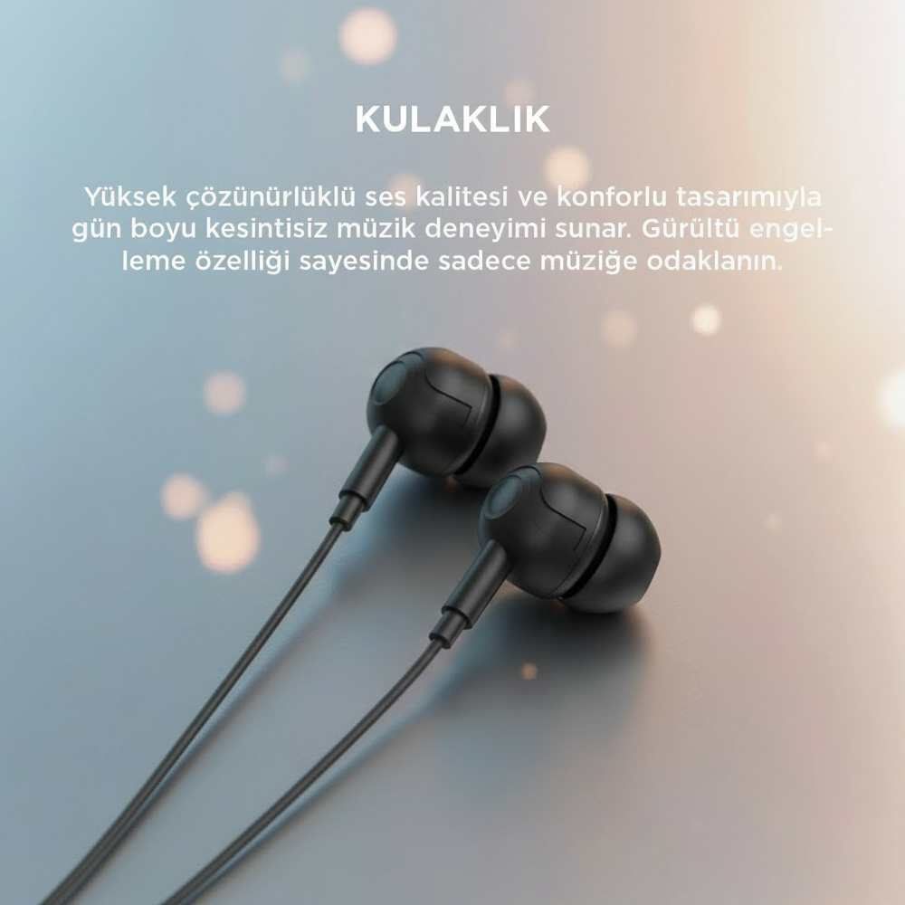 Gri yüzeyde kablolu siyah kulak içi kulaklıklar, bokeh ışıklı.