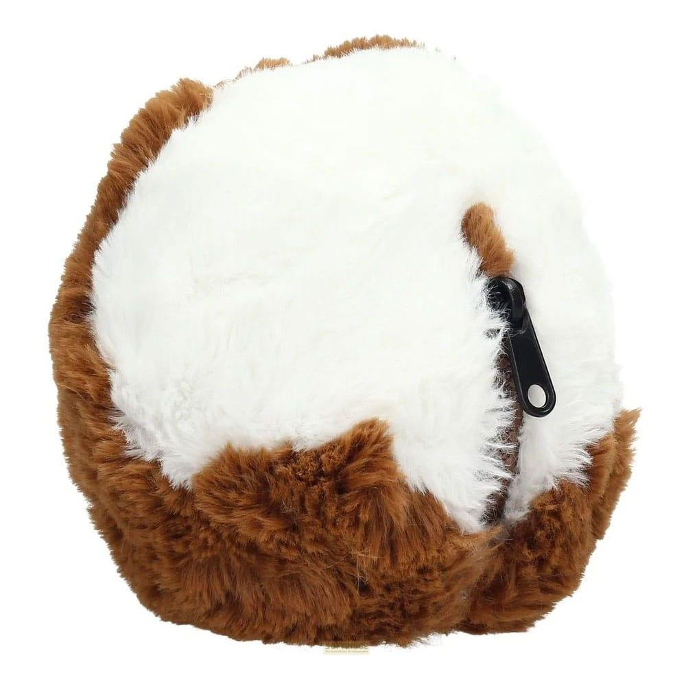 Una borsa di peluche bianca e marrone con chiusura a zip nera.