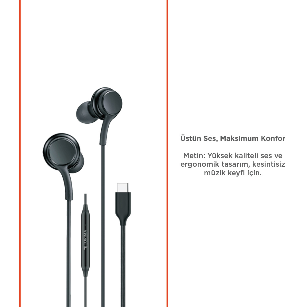 USB-C konnektörlü siyah kulaklık, Türkçe metin.