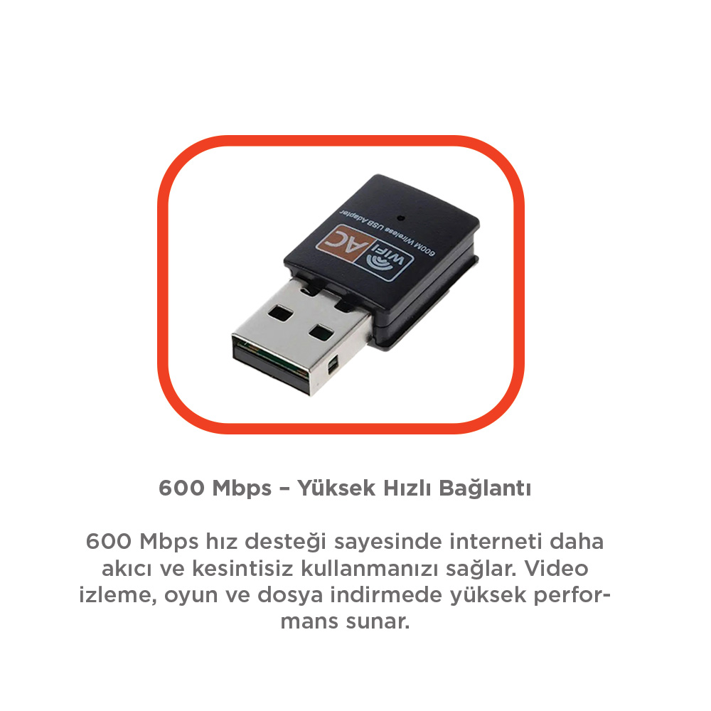 Hızlı internet bağlantısı için siyah 600 Mbps Wi-Fi USB adaptörü.