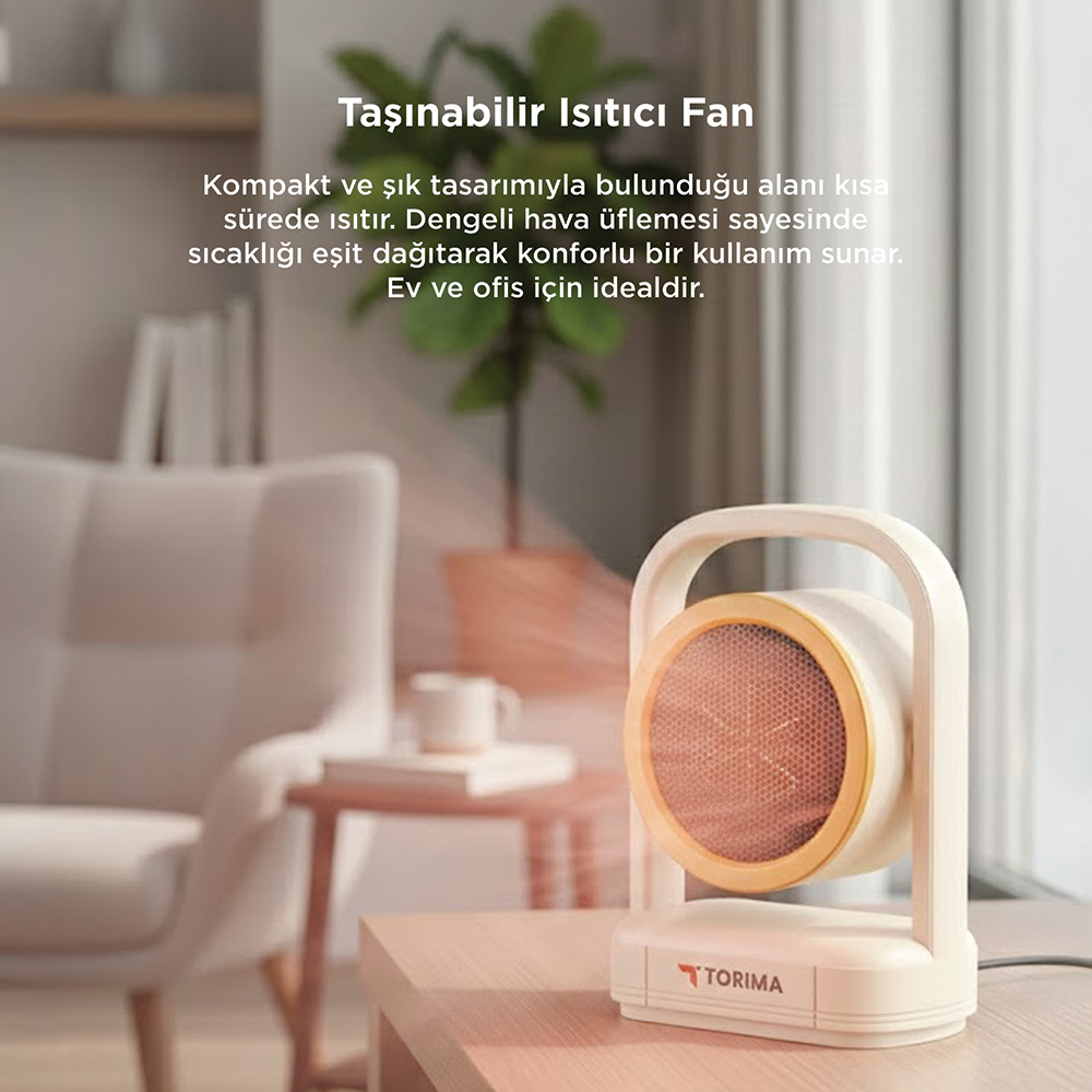 Taşınabilir bir ısıtıcı fan ahşap masanın üzerinde duruyor.