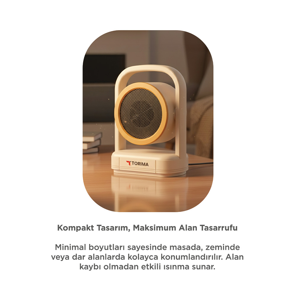 Ahşap kenarlı, beyaz, kompakt bir ısıtıcı masanın üzerinde duruyor.