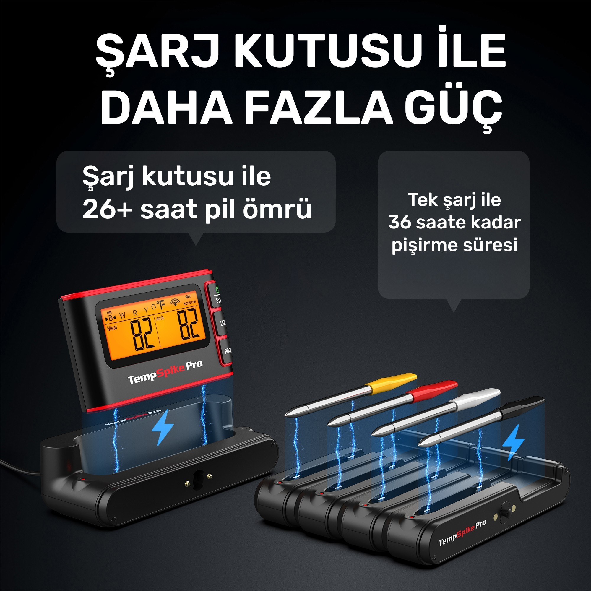 Şarj olan problara sahip dijital termometre ve şarj istasyonu.