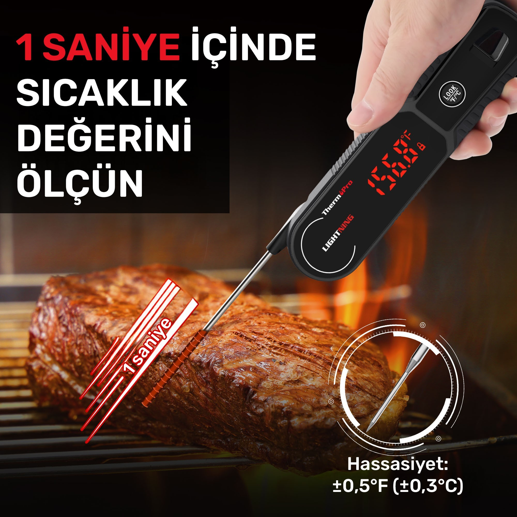 Et termometresi, ızgaradaki kızarmış etin sıcaklığını ölçer.