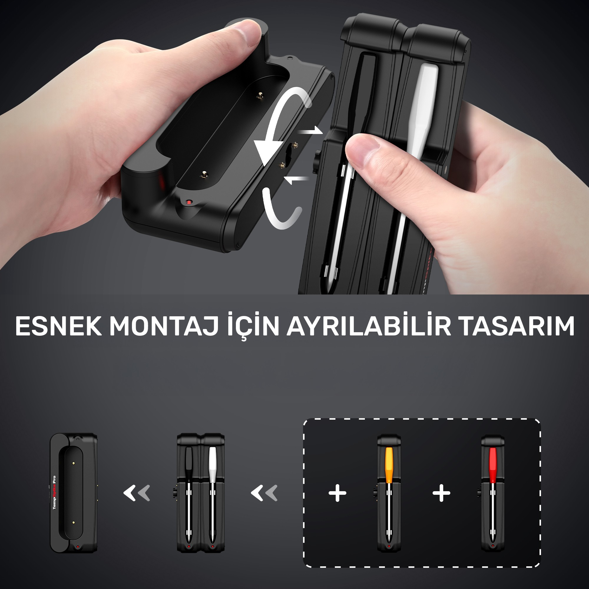 Termometre problarını ortaya çıkarmak için açılan siyah kılıf. Ayrılabilir tasarım.