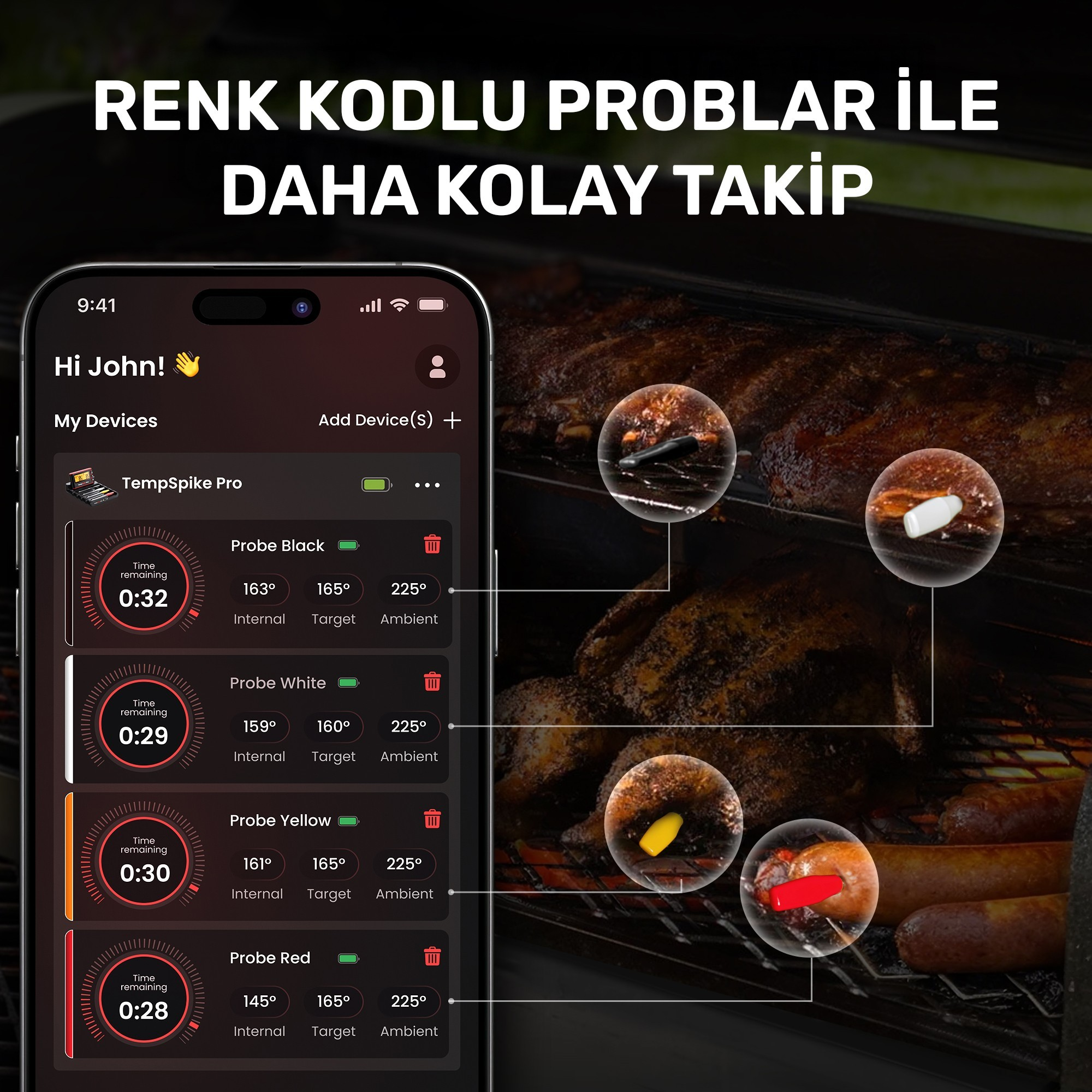 Akıllı telefon uygulaması, ızgara etlerin yanında ızgara sıcaklıklarını ve kalan süreleri gösterir.