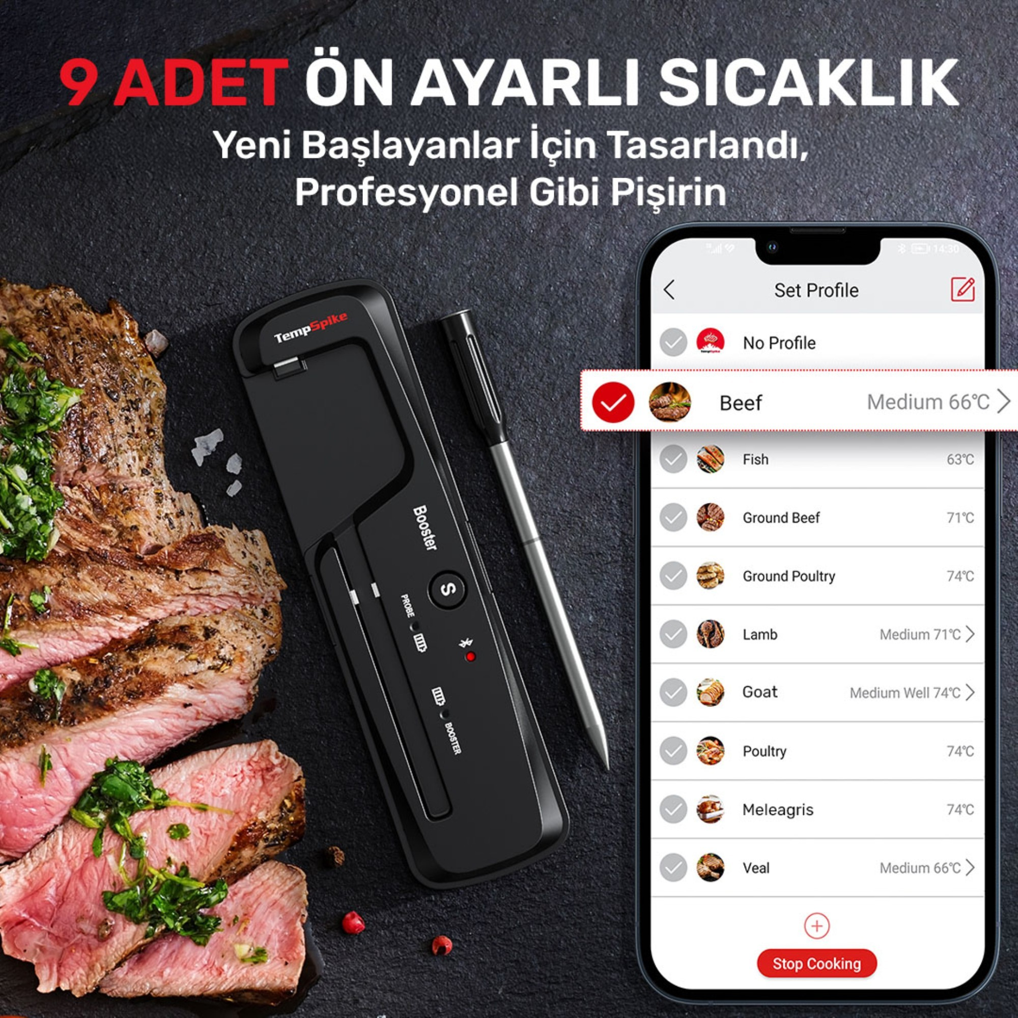 Et termometresi ve akıllı telefon, dana, balık ve kuzu gibi pişirme profilleri gösterir.