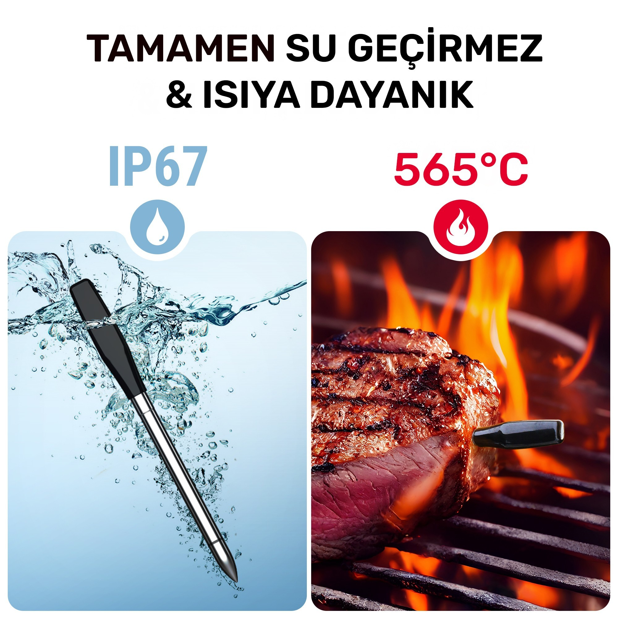 Suda bir termometre ve ızgarada bir biftek.
