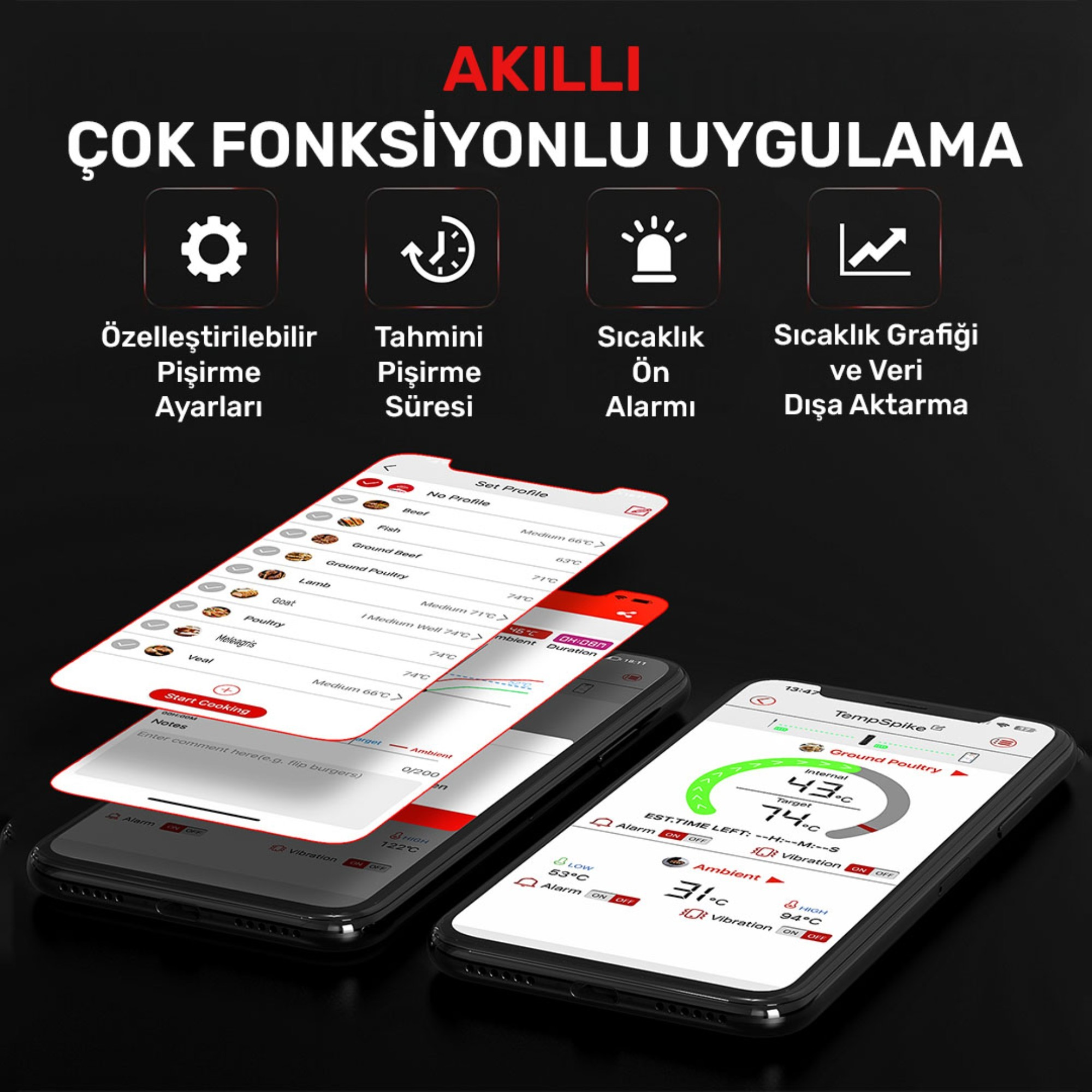 İki akıllı telefon, yemek pişirme verileri ve grafikleri gösteren bir uygulama görüntüler.