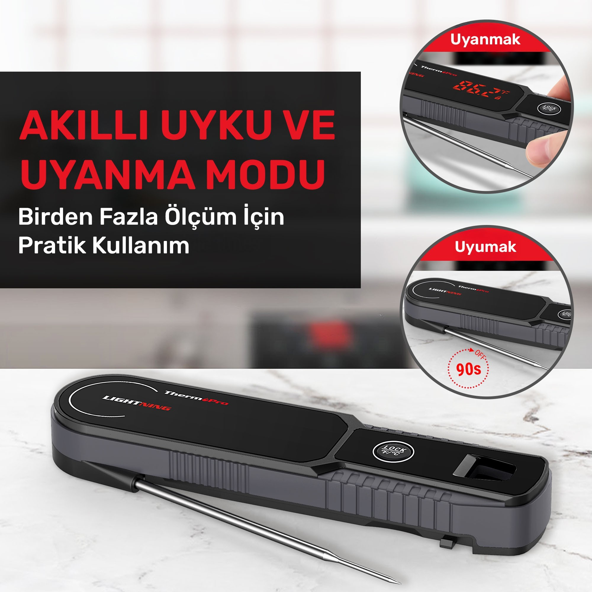Katlanabilir probu ve LCD ekranı olan dijital et termometresi.