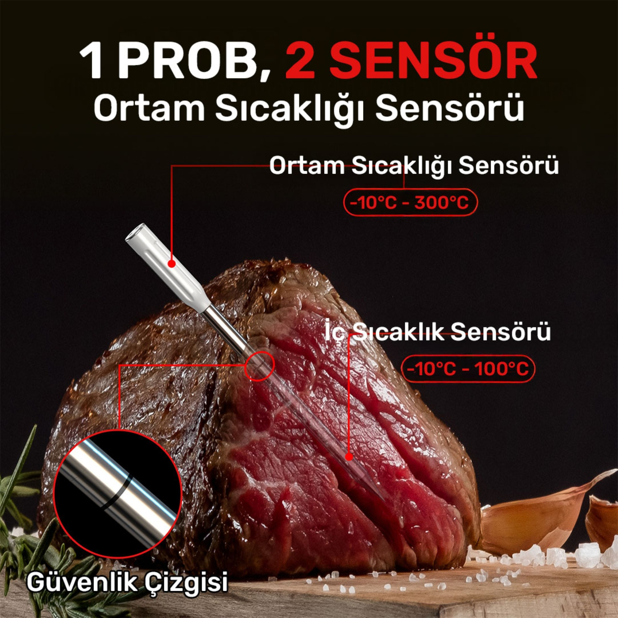 İç sıcaklığını ölçen bir termometre ile bir et parçası.