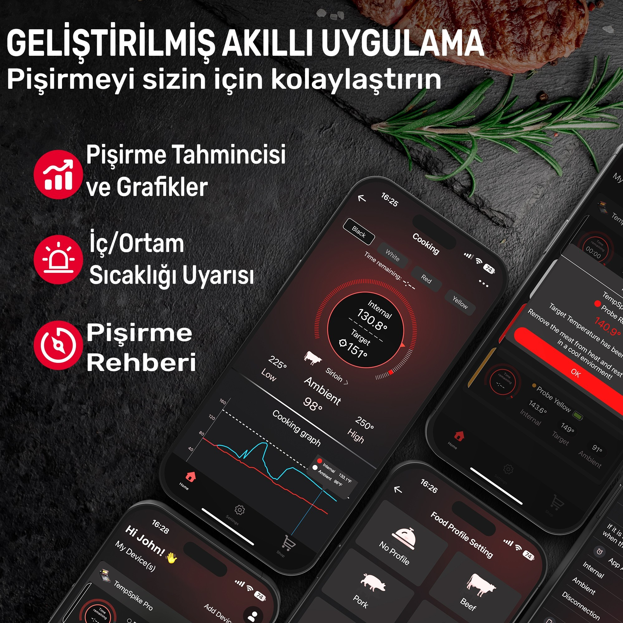 Üç akıllı telefon, sıcaklık grafikleri ve et profilleri içeren bir pişirme uygulaması gösteriyor.
