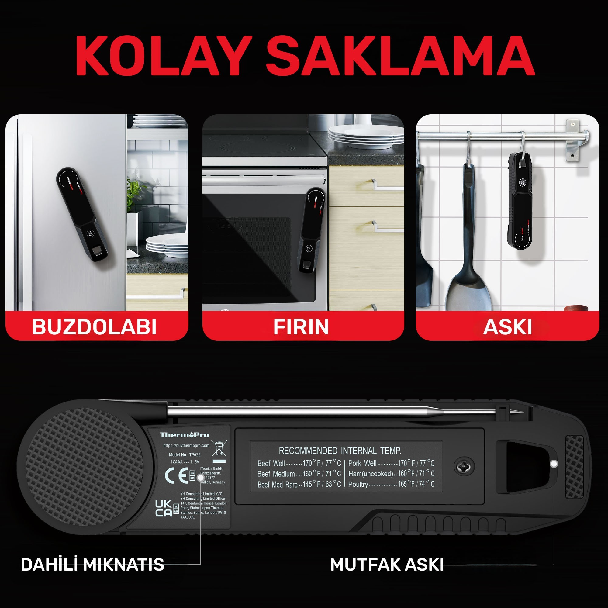 Dijital et termometresi buzdolabı, fırın ve askıda gösteriliyor.