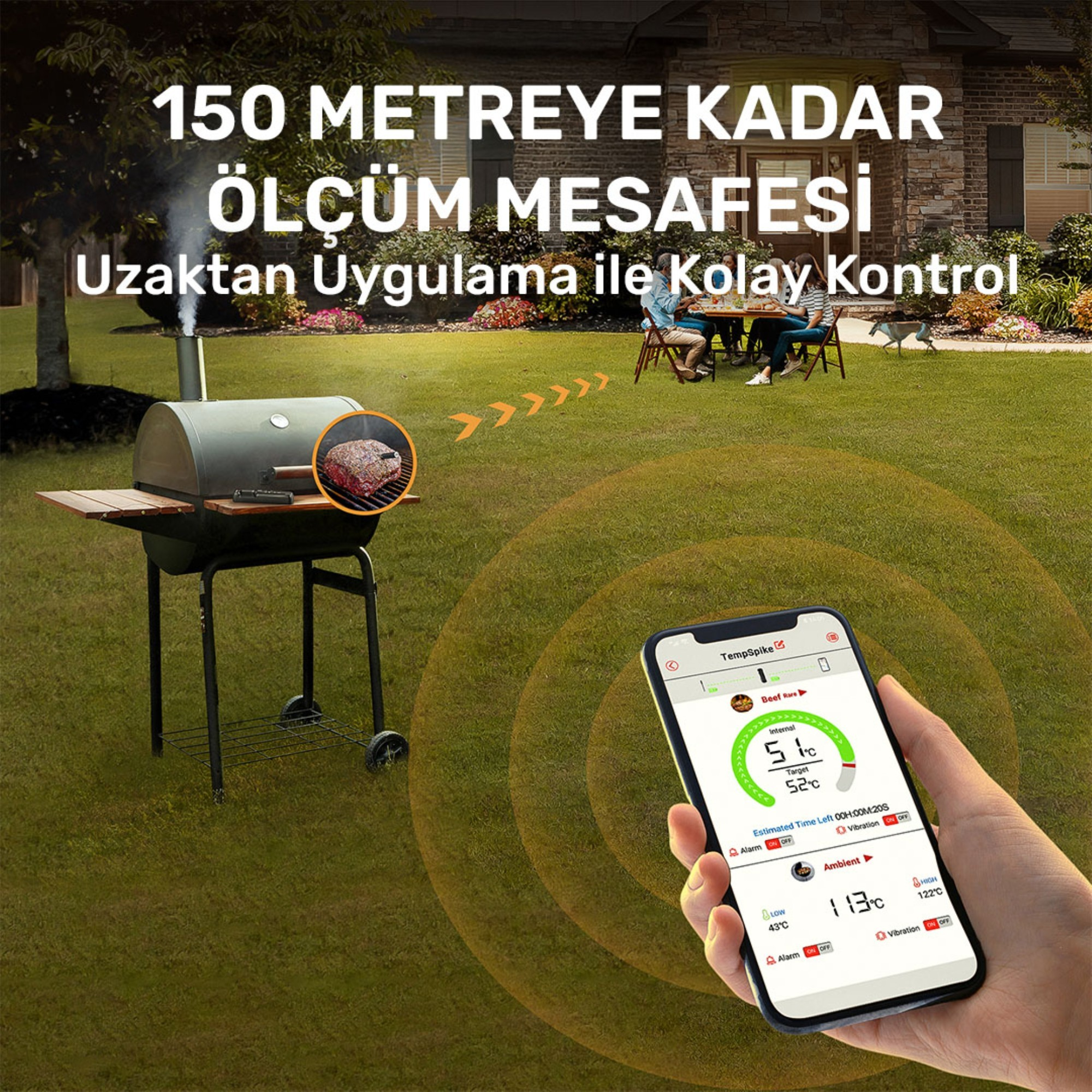 Bahçede etli ızgara ve telefon uygulaması. Menzil hakkında yazı.