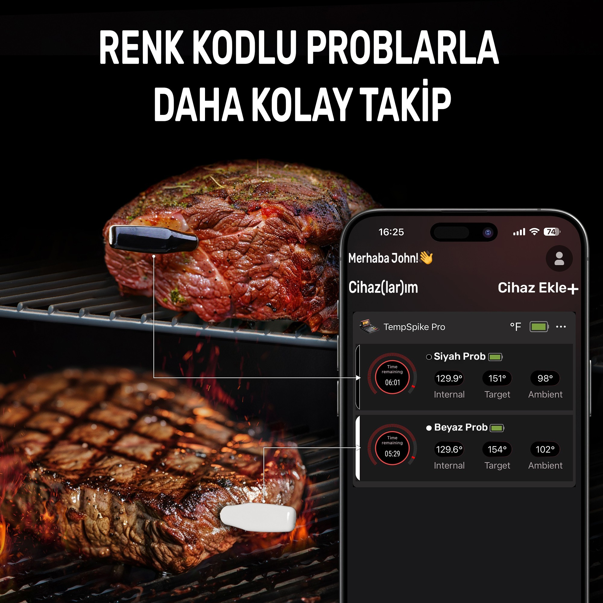 Akıllı telefonda et termometresi uygulaması ile ızgara et.