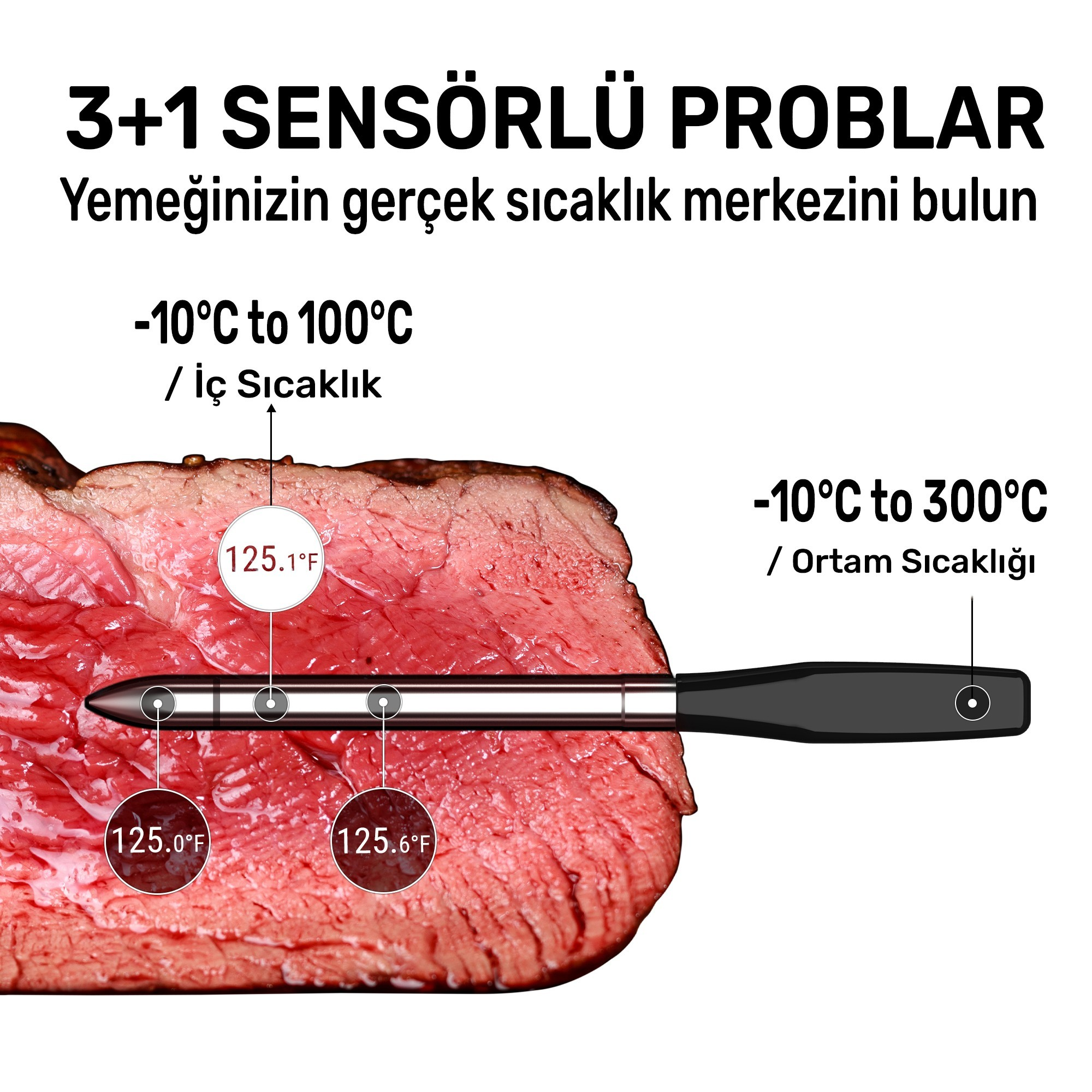 Et termometresi 125°F iç ve ortam sıcaklıklarını ölçer.
