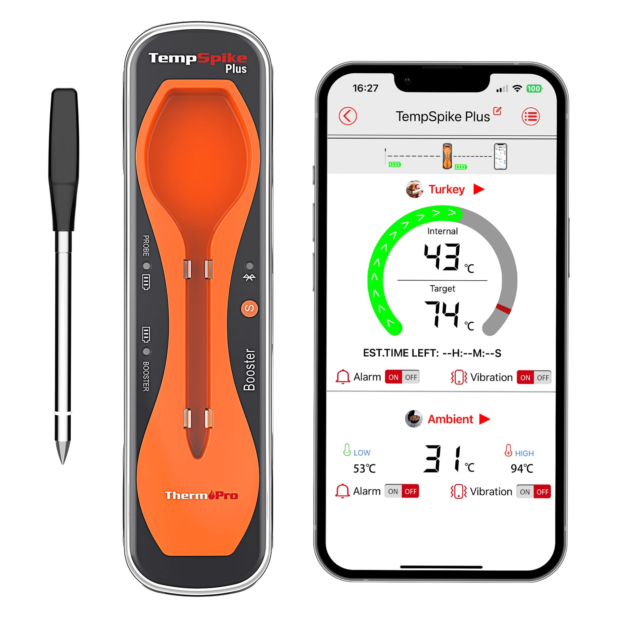Izgara termometresi ve akıllı telefon uygulaması iç ve ortam sıcaklıklarını gösterir.