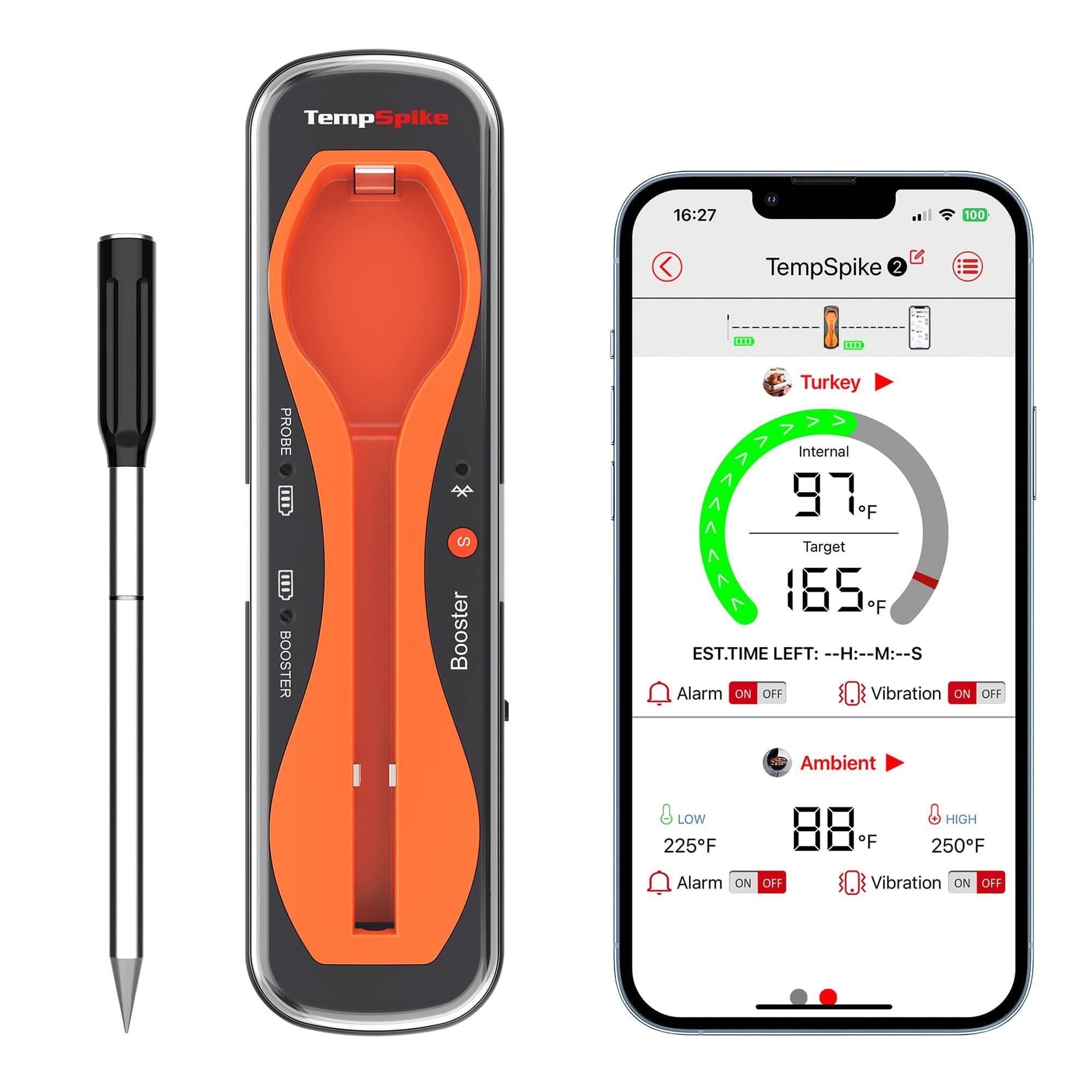Dijital et termometresi ve akıllı telefon iç sıcaklığı 97°F ve hedef sıcaklığı 165°F gösteriyor.