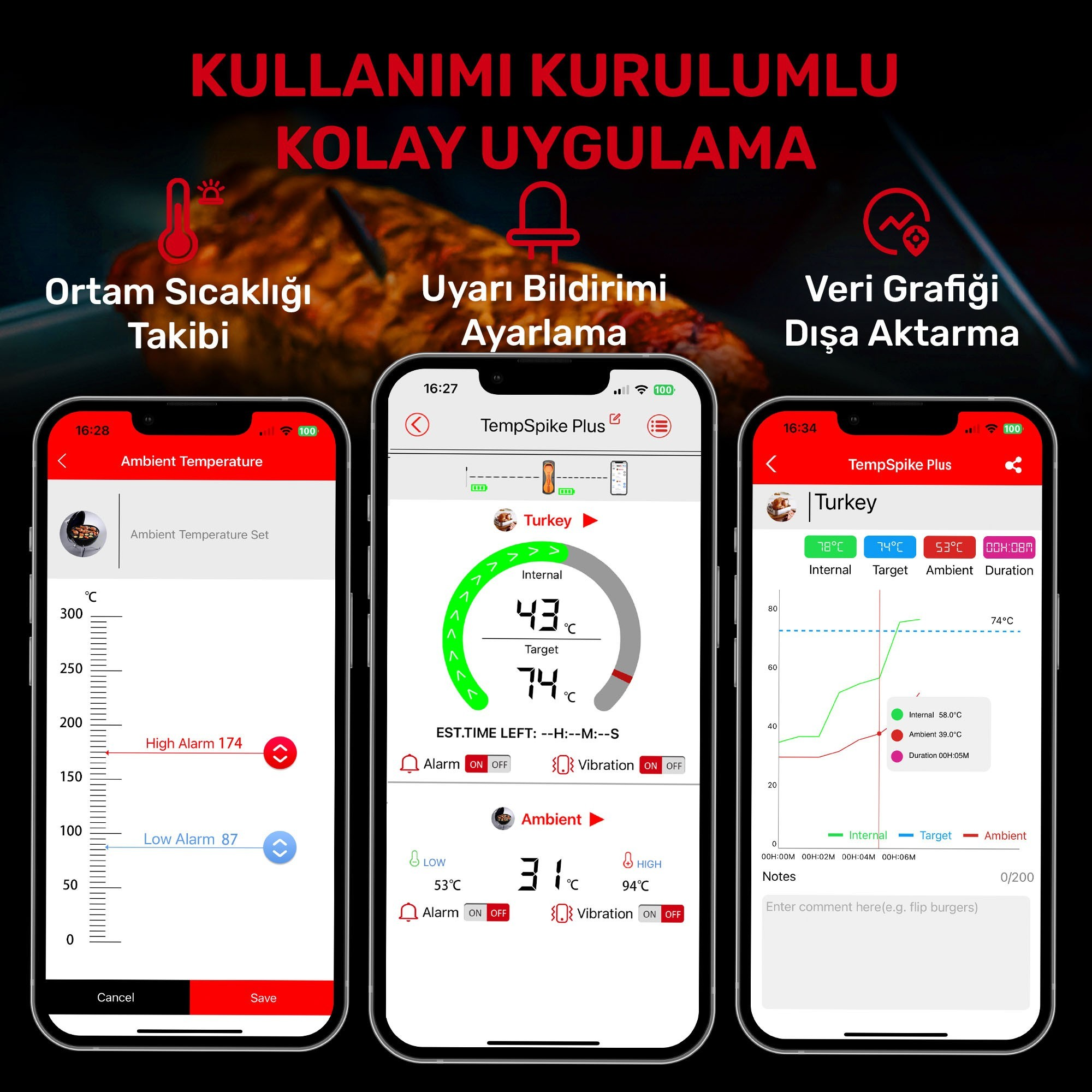 Üç akıllı telefon ekranı, yiyecek sıcaklığı izleme uygulamasını gösteriyor.