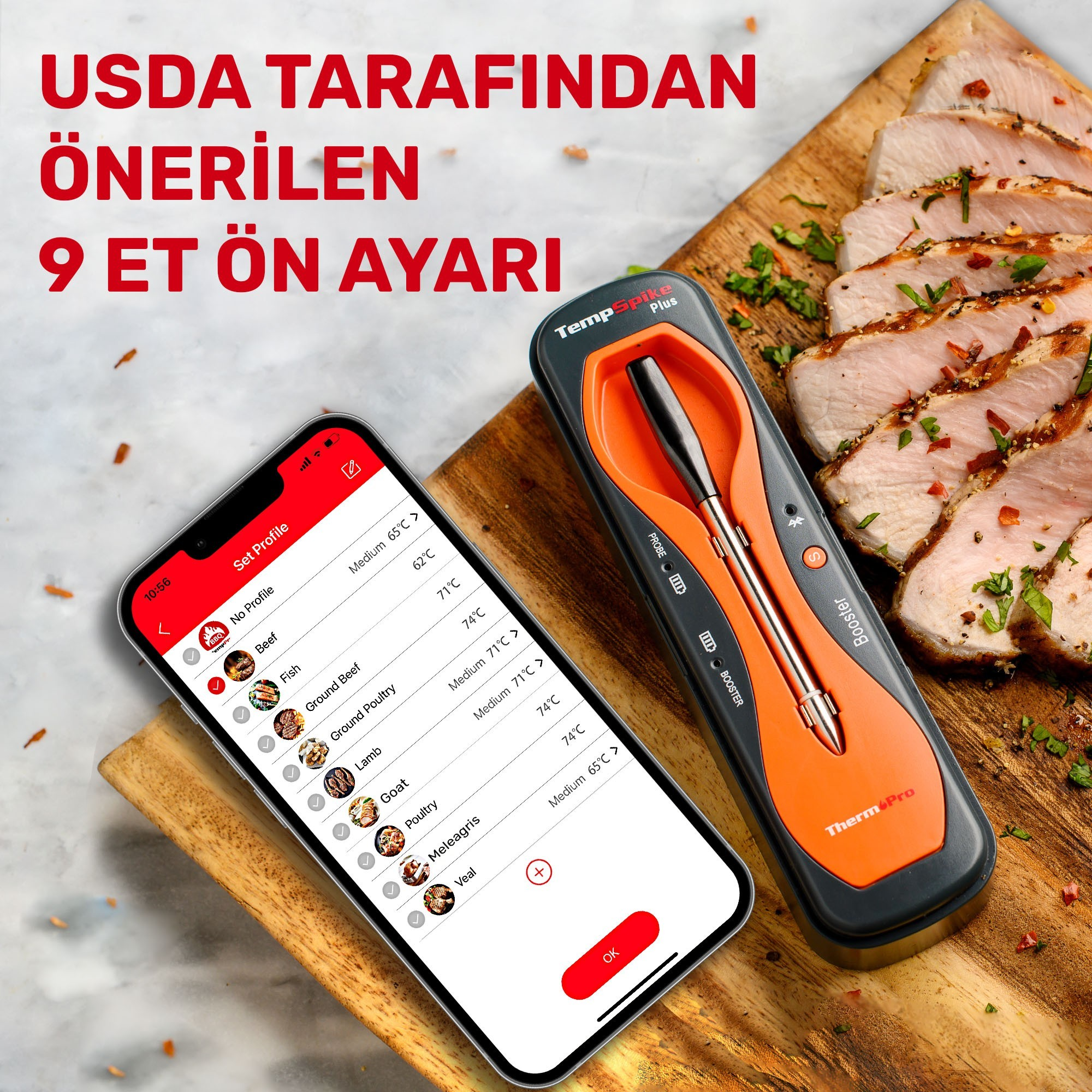 Et termometresi ve akıllı telefon USDA et profilleri gösteriyor.