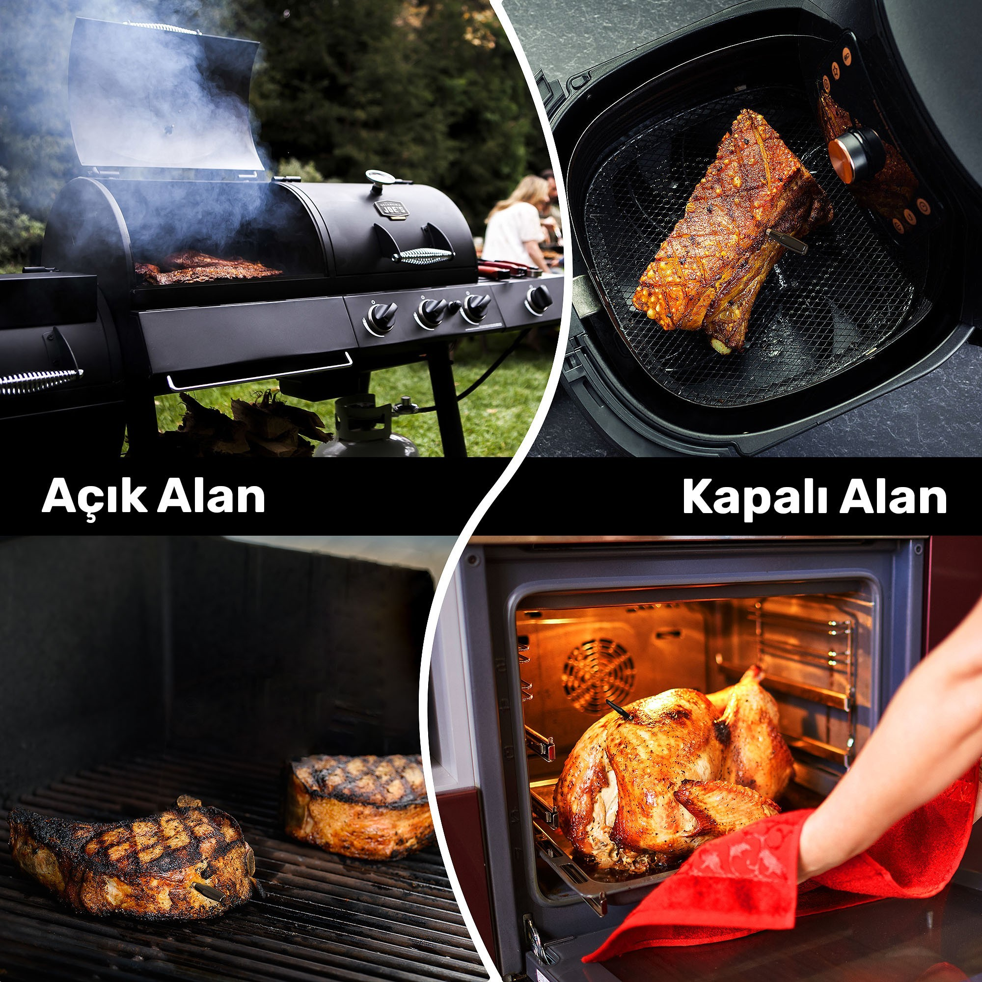 Açık hava ızgarası, airfryer'da et, ızgarada biftek ve fırında tavuk.