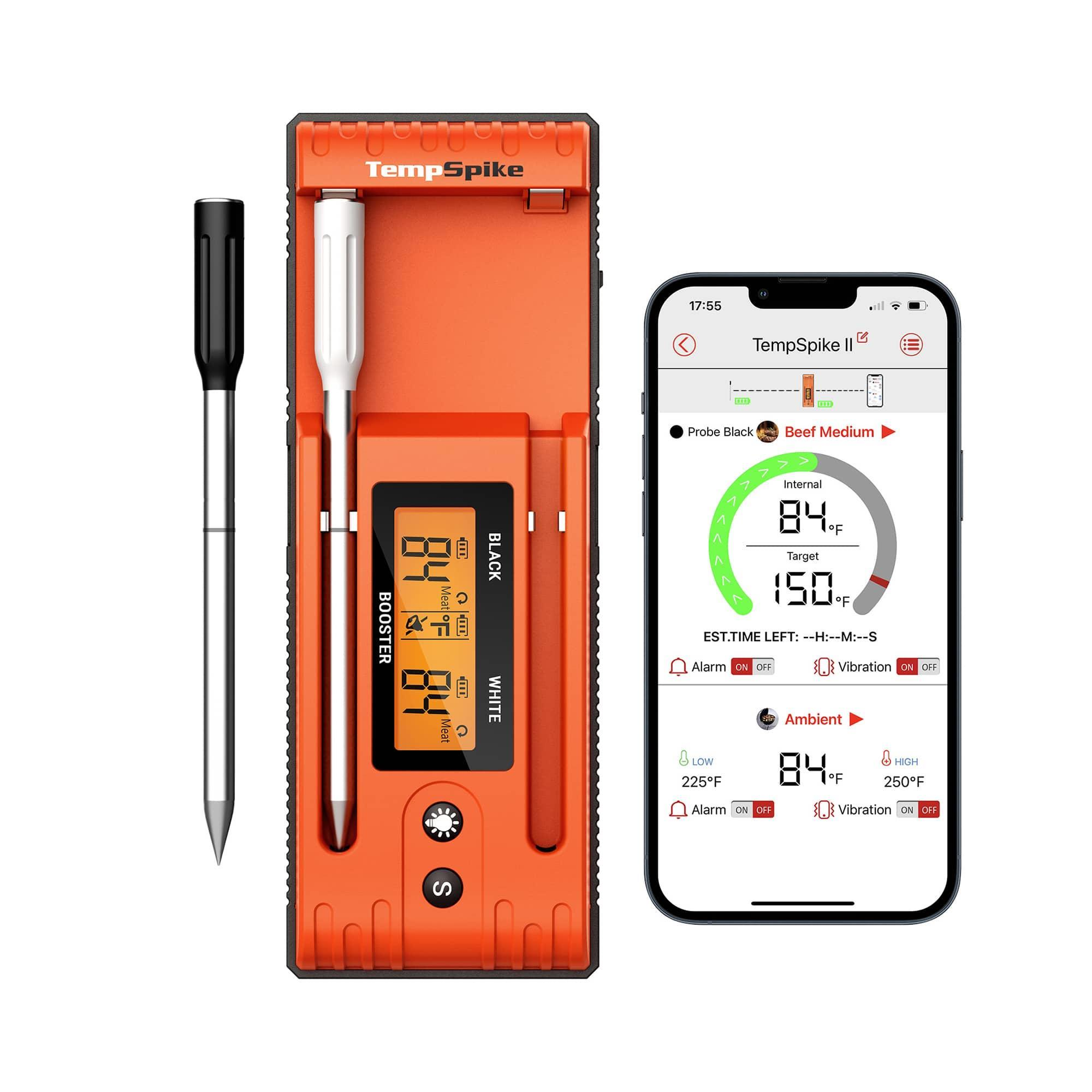 İki problu ve akıllı telefon uygulamalı turuncu ızgara termometresi. 84°F iç ve 150°F hedef gösterir.