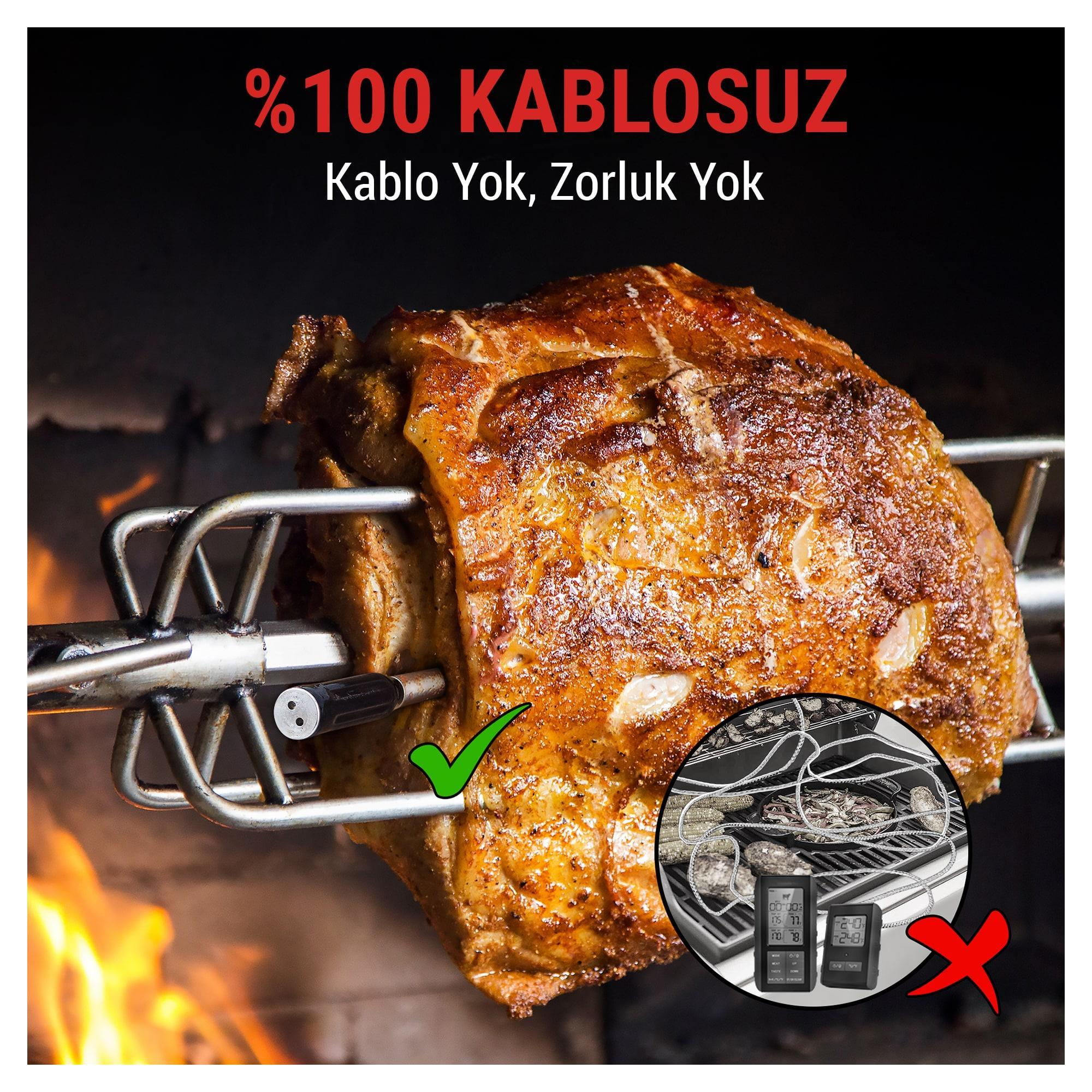 Alevlerin üzerinde döner alette pişen et, yeşil tik işaretiyle.