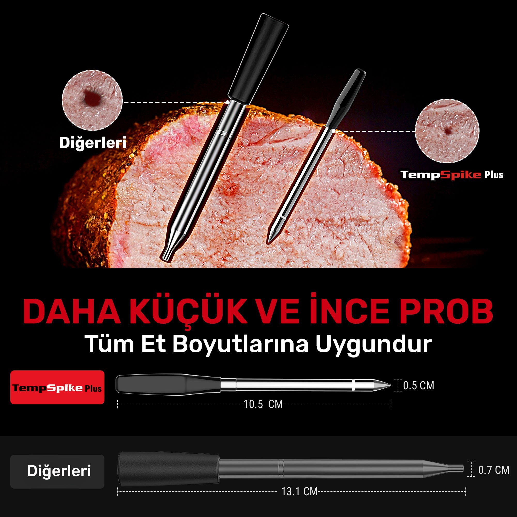 Detaylı boyut özelliklerine sahip et termometresi prob seti.