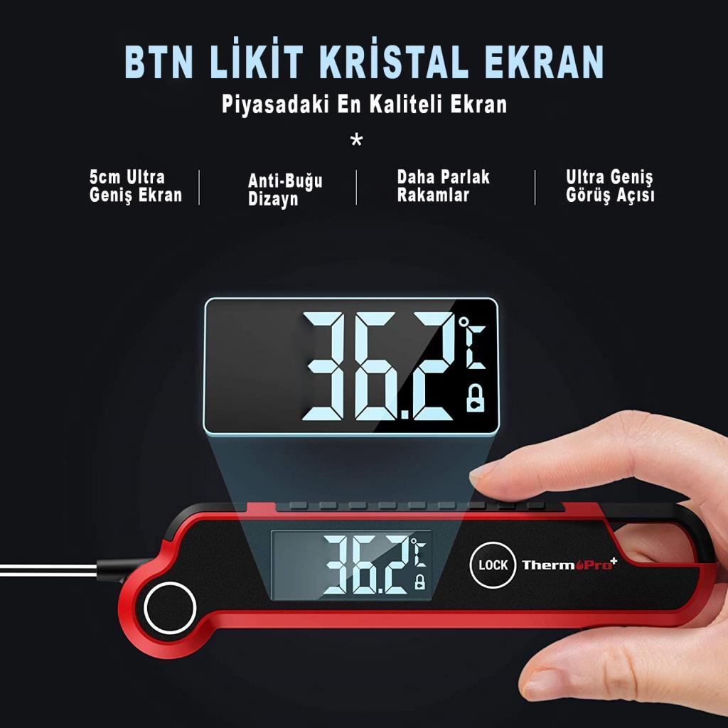 Parlak ekranlı, kırmızı ve siyah dijital termometre 36.2°C gösteriyor.
