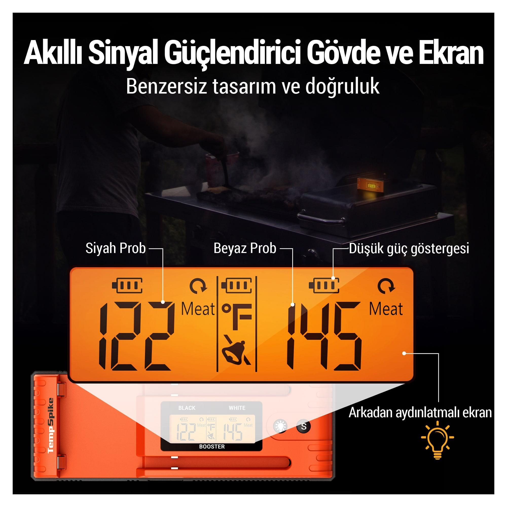 Sıcaklıkları gösteren dijital ekrana ve iki proba sahip turuncu et termometresi.