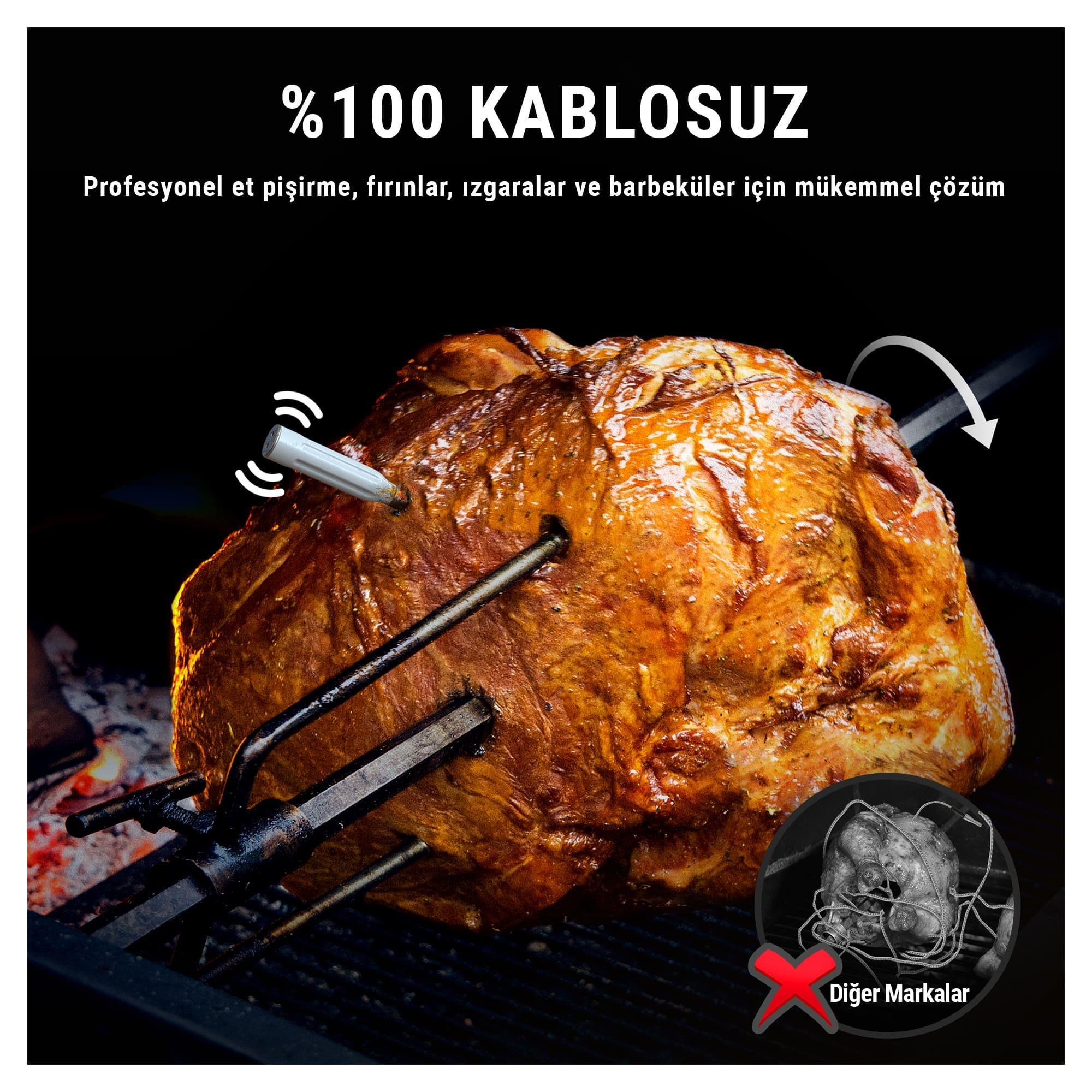 Büyük, kızarmış et, közlerin üzerinde döner şişte.