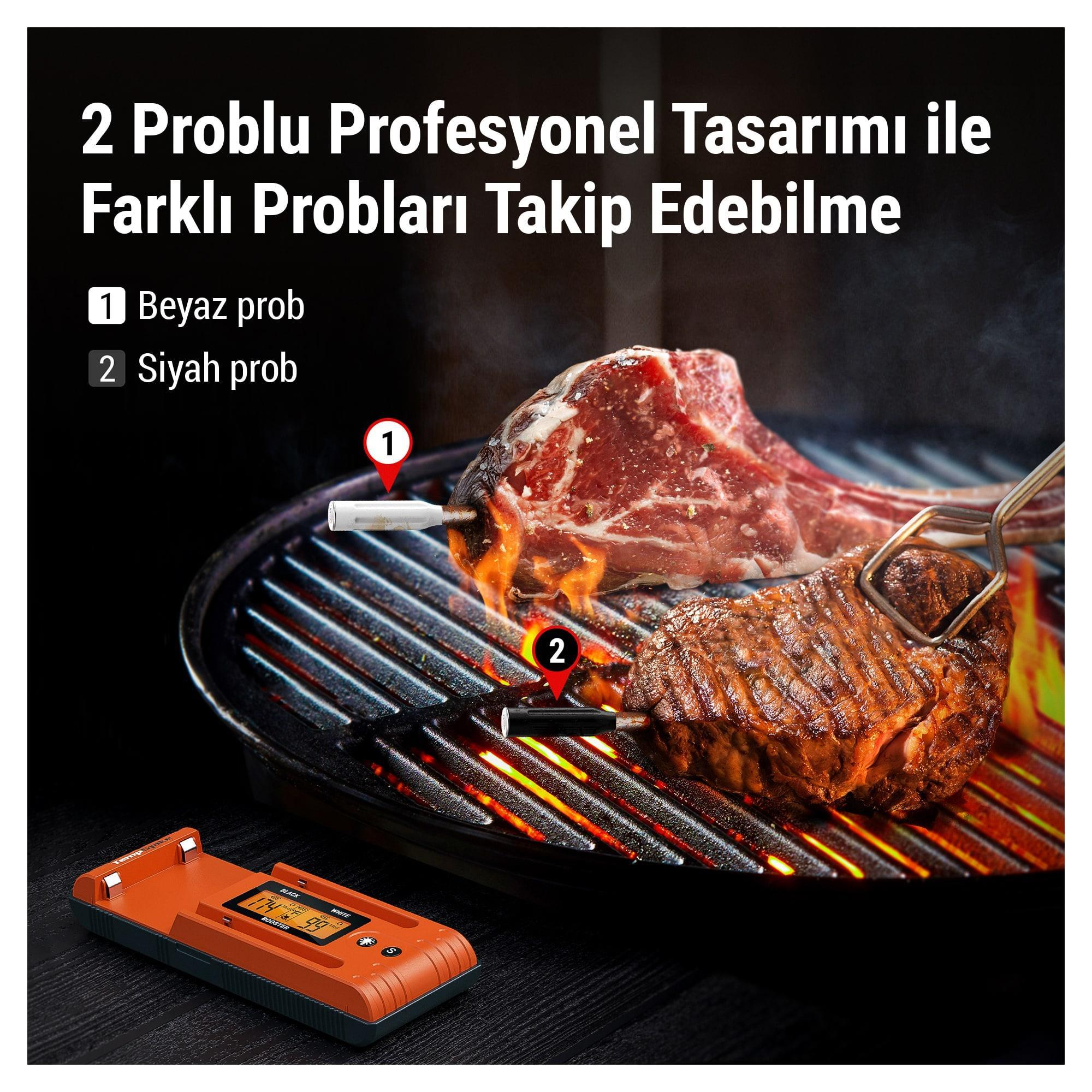 İki problu ve turuncu termometreli mangalda çiğ ve ızgara biftek.