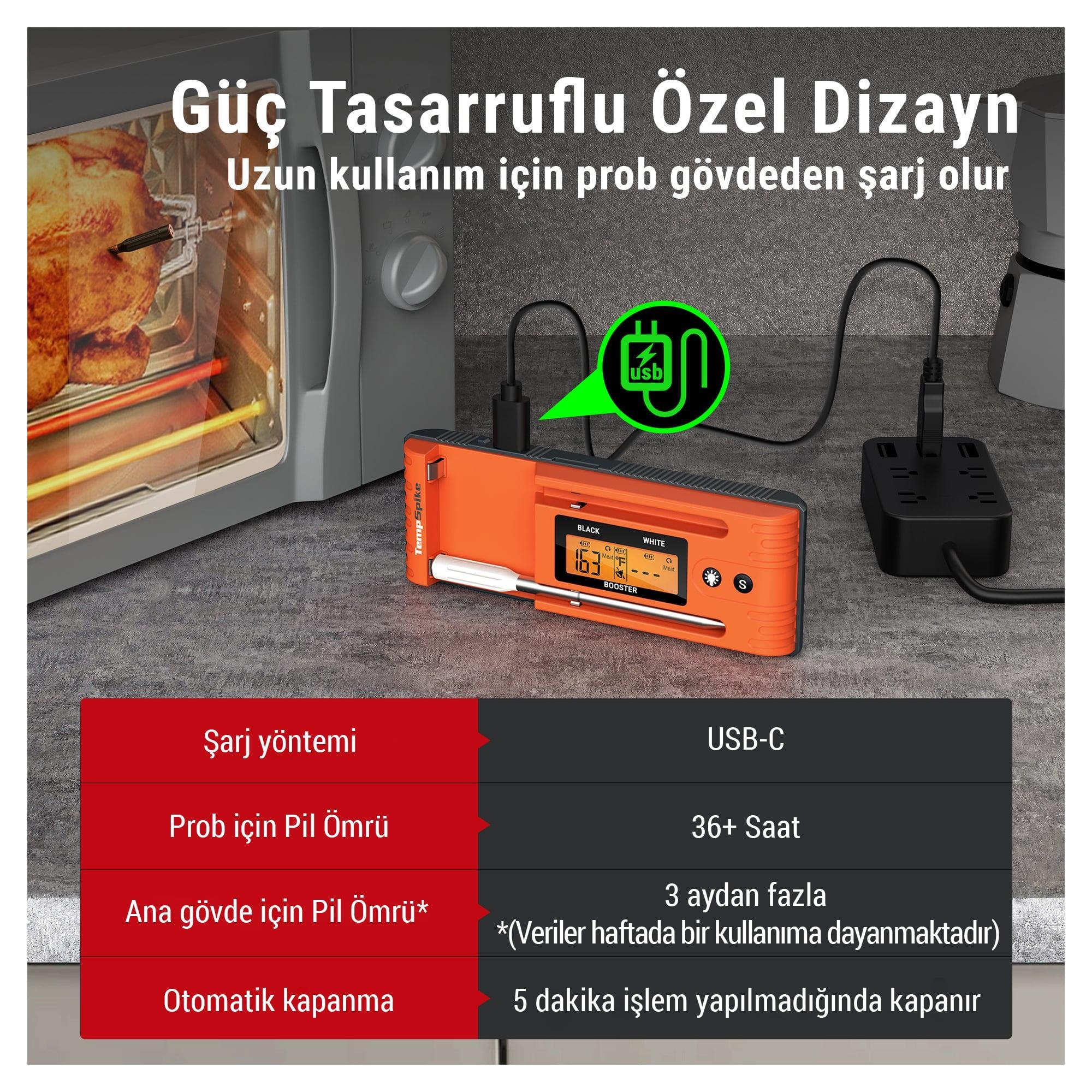 USB-C şarj portlu turuncu termometre, fırında kızarmış tavuk yanında.