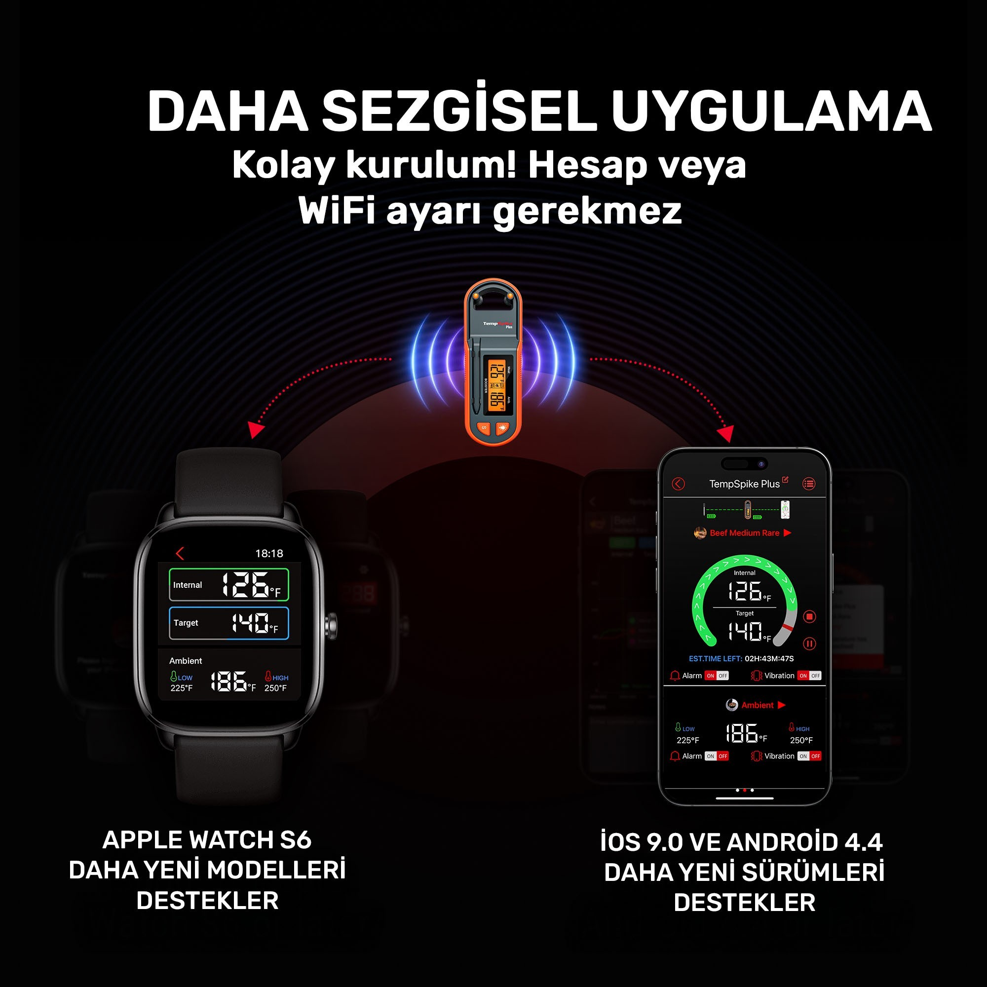 Termometre, akıllı saat ve akıllı telefon sıcaklıkları gösteriyor.