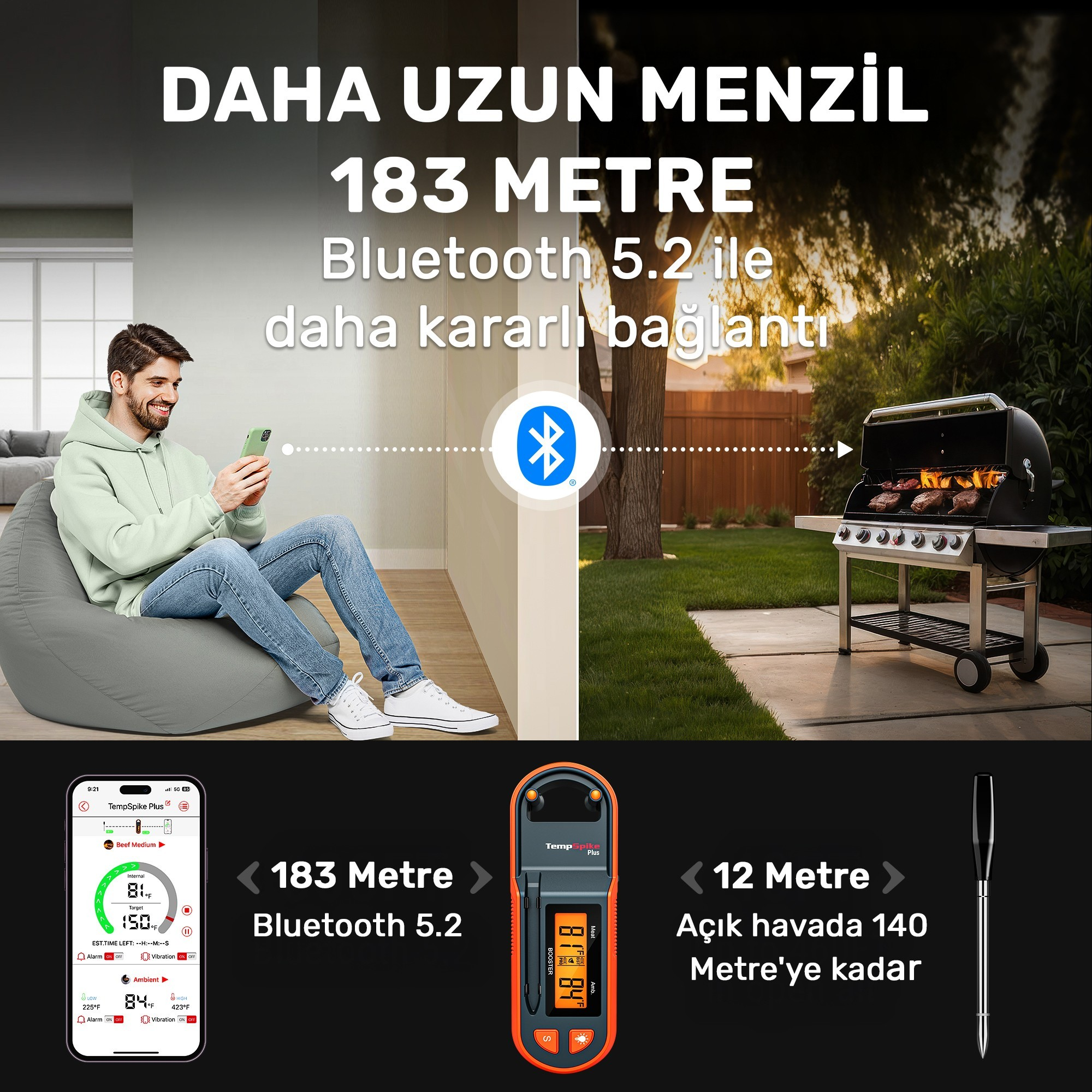 Adam pufta oturuyor, dışarıda ızgara yapıyor, telefon ve termometre uygulaması.